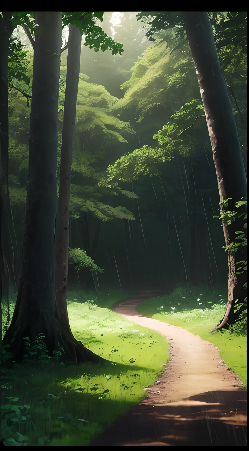 Sparsely populated, dense forest in nature, green completely covered in nature, a path stretching far away, hazy harvest in the distance into a black spot, strong depth of field, a little dusk light leaking between the leaves above, just rained, epic high-grade, high-definition, hazy, super stereoscopic, 3D, photo quality