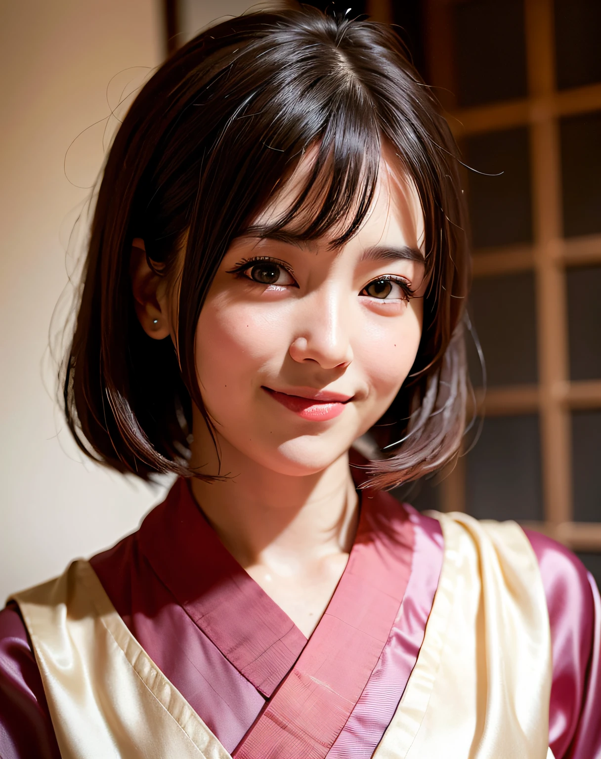 best quality, face focus, soft light, (depth of field) ,ultra high res, (photorealistic:1.4), RAW photo, (portrait:1.4) ,(from front)
1japanese girl, solo, cute, (shy, smile:1.1), (brown eyes),  detailed beautiful face, (short_hair ), japanese-style room
(silk kimono:1.4)