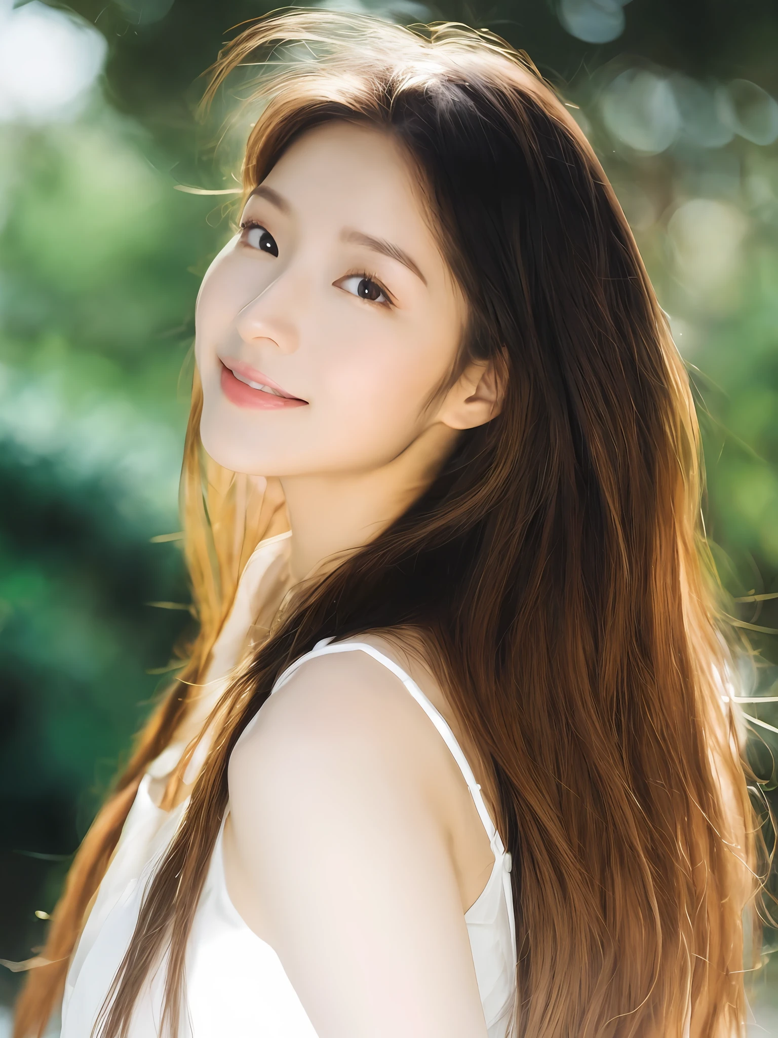 Best Quality, 8k, 32k, Masterpiece, UHD: 1.2), Big Boobs, Big Tits, 1 Woman, 22 years old, very beautiful slim legs, wearing silk clothes, very beautiful slender legs, light milky porcelain skin, seaside, milky skin, slender legs, beautiful slim legs, white clothes, pink clothes, silk clothes, under the shade tree, smile