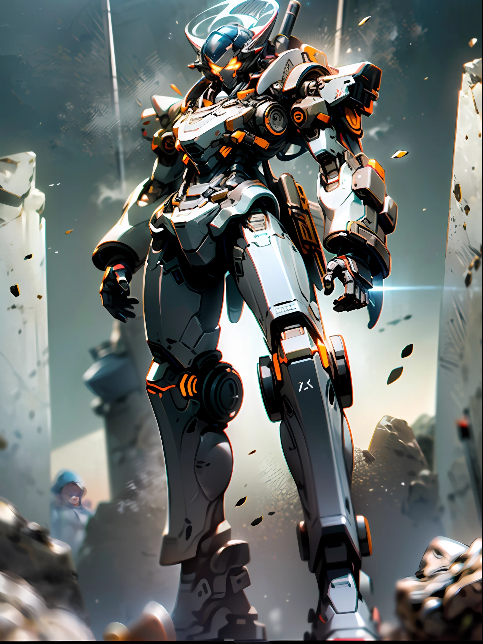 ((Masterpiece, Top Quality, Best Quality, Official Art: 1.2)), ((Game Concept Design, Orc Form: 1.5)) Very detailed, highest detail, high resolution, ((ultra-detailed)), deformed fighter mech standing between tall buildings, with vortex fan propellers on both shoulders, glowing eyes, threaded gun barrels, Gatling heavy machine guns, military giant mechs, missiles, rocks, (more complex background, Maritime War Background: 1.3) Future Technology, Realism, NVIDIA RTX, Super Resolution, Unreal 5, Underground Scattering, PBR Textures, Post-processing, Anisotropic Filtering, Depth of Field, Maximum Acutance and Acutance, Multilayer Textures, Specular and Albedo Mapping, Surface Shading, Accurate Simulation of Light-Material Interactions, Perfect Proportions, Octane Rendering, Two-tone Lighting, Low Luminosity, White Balance, Rule of Thirds, Large Aperture, 8K Raw Data, High Efficiency Subpixels, Subpixel Convolution, Light Particles, light scattering, tyndall effect, ray tracing,