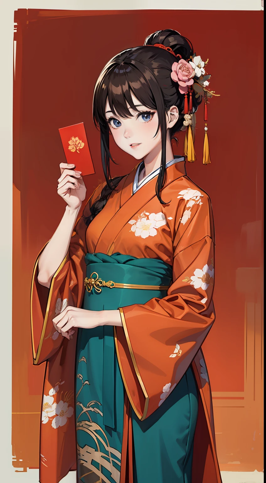 anime character illustration,hanfu,extremely bold outline,oriental,red envelope,with traditional hanfu,chinese new year,traditional chinese,kimono fabric,red background,vivid color,gold,acrylic painting,pixiv,8k,best quality,ultra detailed,hanfu --ar 2:3，