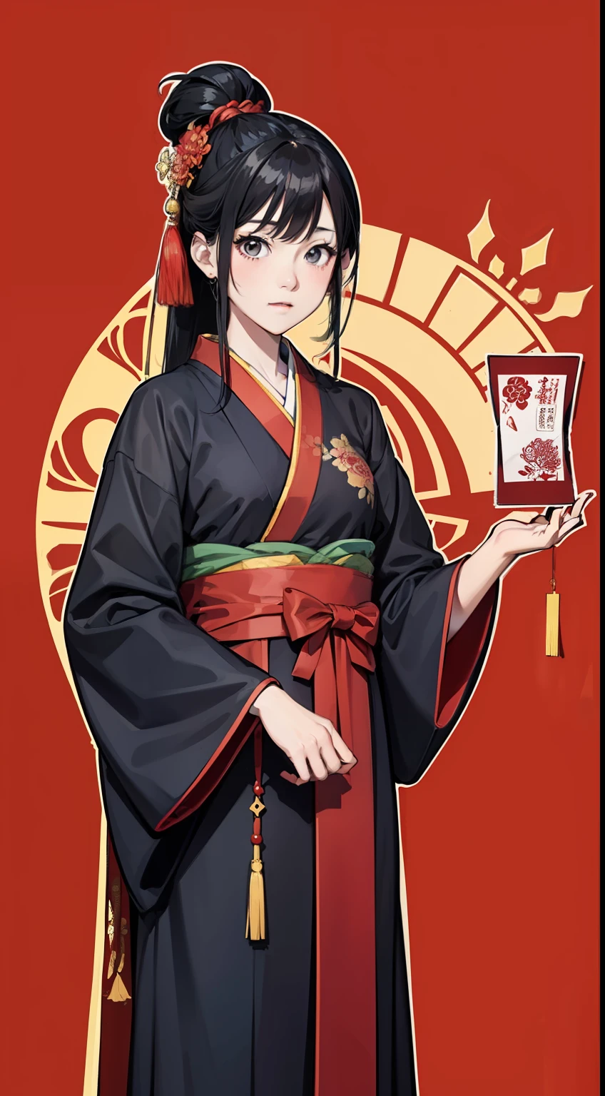 anime character illustration,hanfu,extremely bold outline,oriental,red envelope,with traditional hanfu,chinese new year,traditional chinese,kimono fabric,red background,vivid color,gold,acrylic painting,pixiv,8k,best quality,ultra detailed,hanfu --ar 2:3,