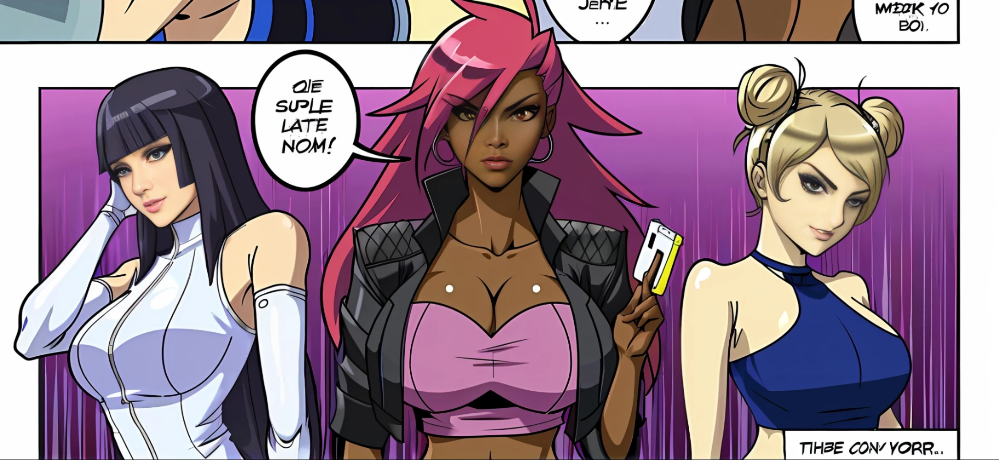 there are three different pictures of a woman in a bikini, black anime manga girl, colored manga panel, cyborg merchant girl, oppai cyberpunk, anya from spy x family, cyberpunk angry gorgeous goddess, color manga panel, marvelous expression, nerdy black girl super hero, as a character in tekken, afrofuturism anime, cyborg merchant woman, digitally colored, anime girl named lucy
