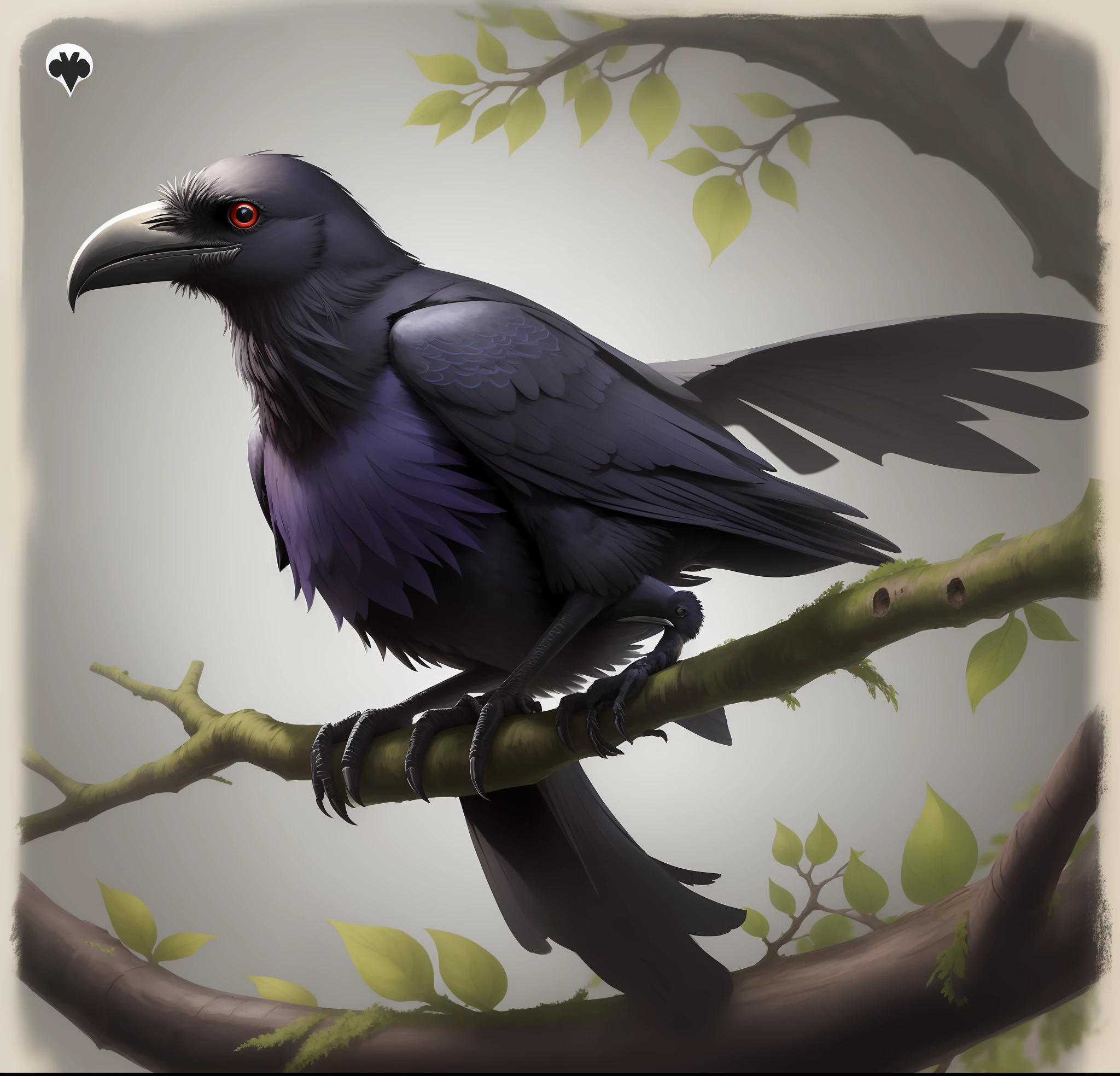 Raven in life from a tree branch sticking out of a playing card with a medium gray background with blue