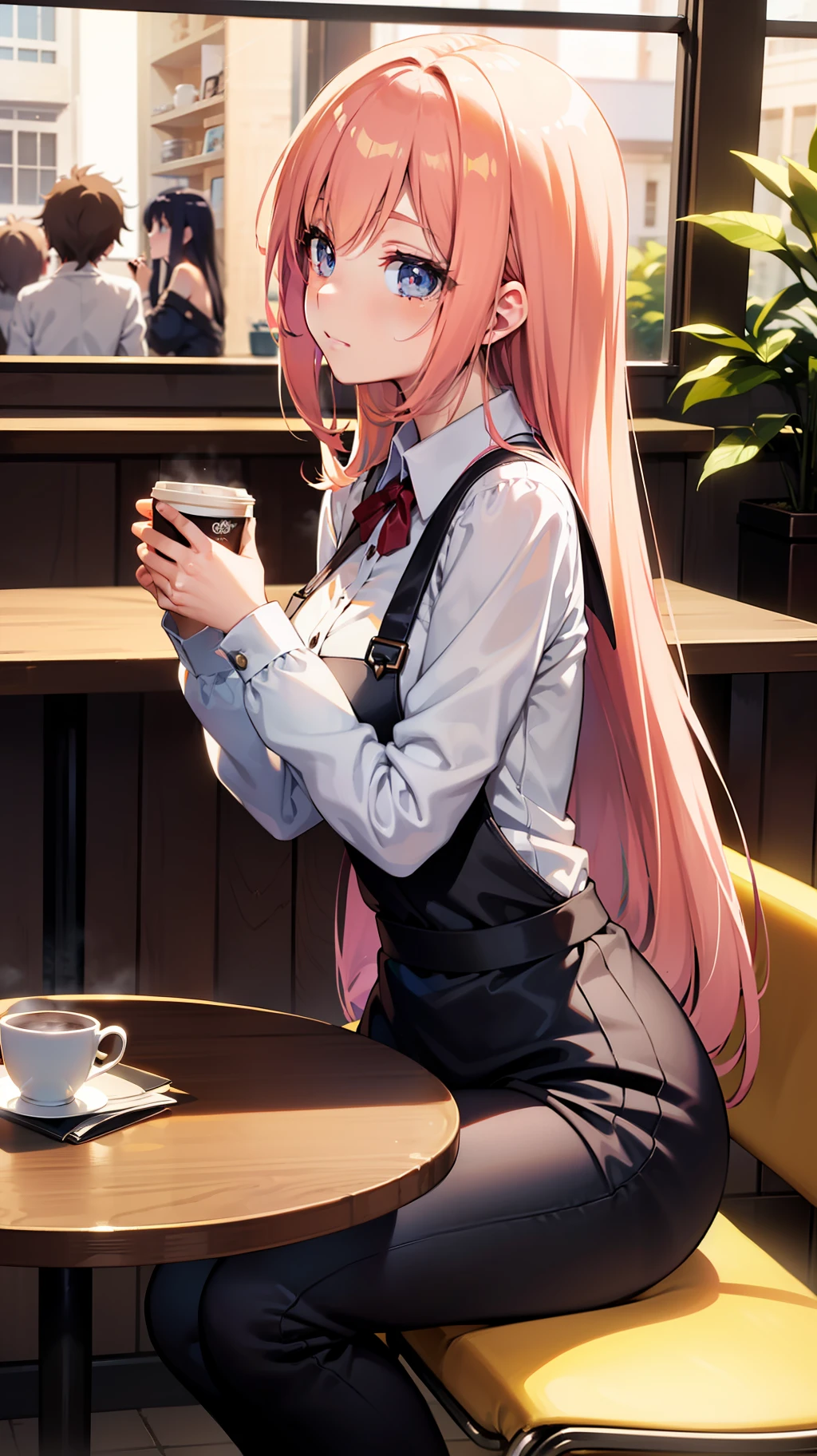 anime girl sitting at a table with a cup of coffee, mysterious coffee shop girl, sitting in a cafe, sitting in a cafe alone, anime visual of a cute girl, sitting alone in a cafe, kawacy, anime style 4 k, anime moe artstyle, anime girl with long hair, in a coffee shop, beautiful anime girl, 4k anime wallpaper