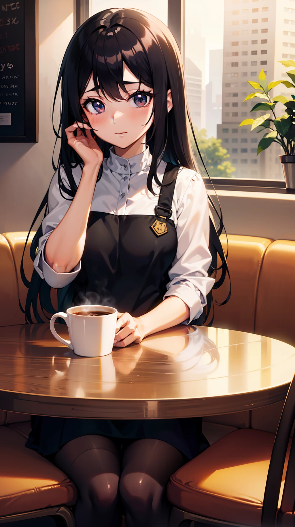 anime girl sitting at a table with a cup of coffee, mysterious coffee shop girl, sitting in a cafe, sitting in a cafe alone, anime visual of a cute girl, sitting alone in a cafe, kawacy, anime style 4 k, anime moe artstyle, anime girl with long hair, in a coffee shop, beautiful anime girl, 4k anime wallpaper