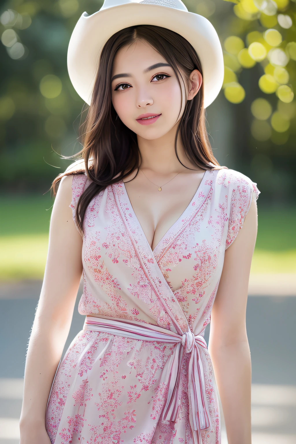 (photo realistic:1.4), (masterpiece, best quality, ultra detailed),[reflections], ultra realistic,
(extremely detailed), 1girl, solo, 20yo, angelic face, detailed face,looking at viewer,
(best illumination, best shadow, extremely delicate and beautiful), finely detail, beautiful detailed, shiny eyes,
accent lighting, (backlighting:1.3), professional lighting, light on face, cinematic lighting, bokeh,
busty body, (medium breasts), intricate details skin, a cherry blossom road , short floral wrap dress, (cowboy shot:1.4),
(bright, smile and happy and tired and sleepy:1.1),(laugh:1.2)