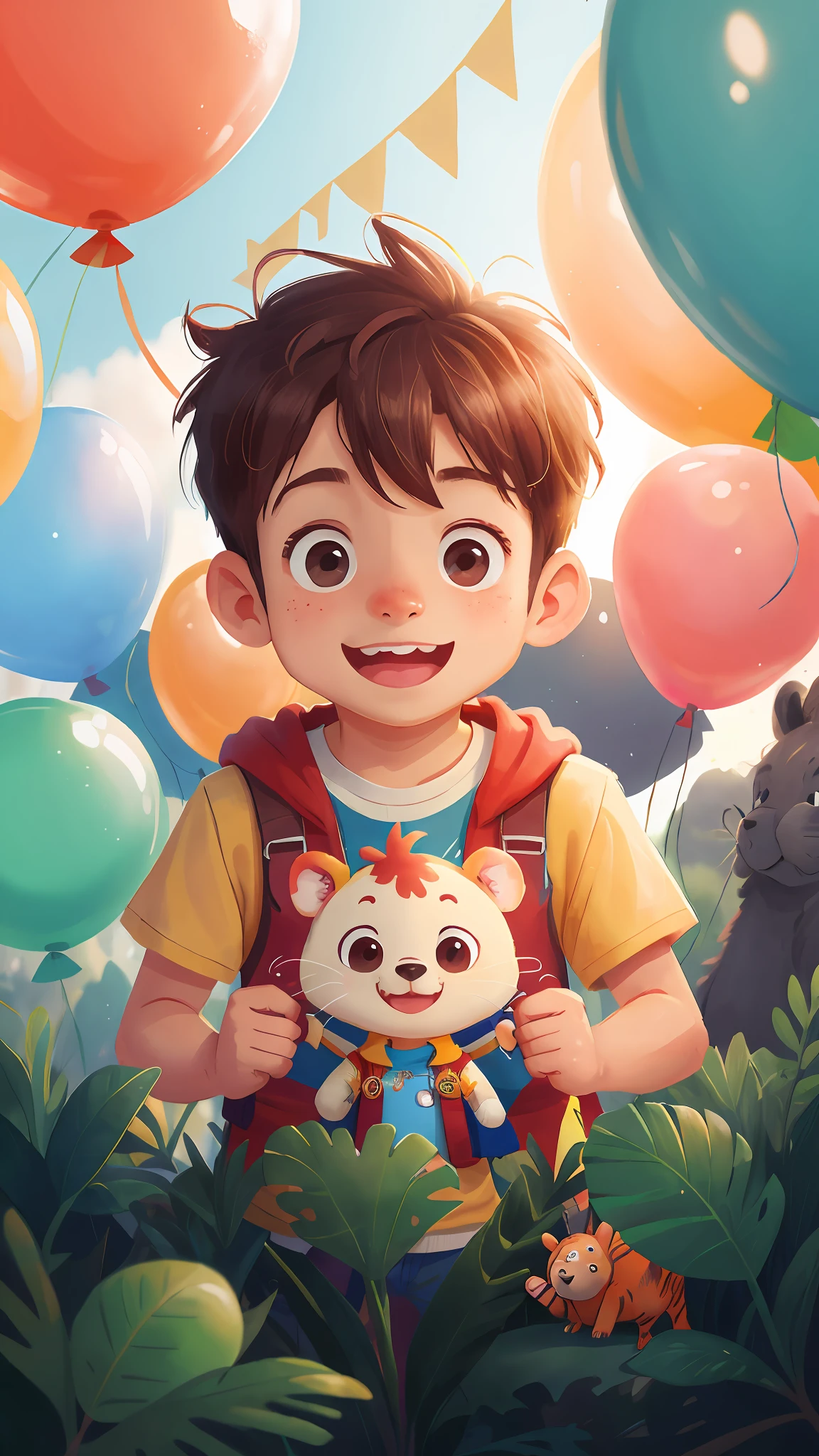 A boy, zoo, many balloons, happy, happy, perfect quality, clear focus (clutter - home: 0.8), (masterpiece: 1.2) (realistic: 1.2) (bokeh) (best quality) (detailed skin: 1.3) (intricate details) (8K) (detail eyes) (sharp focus), (happy)
