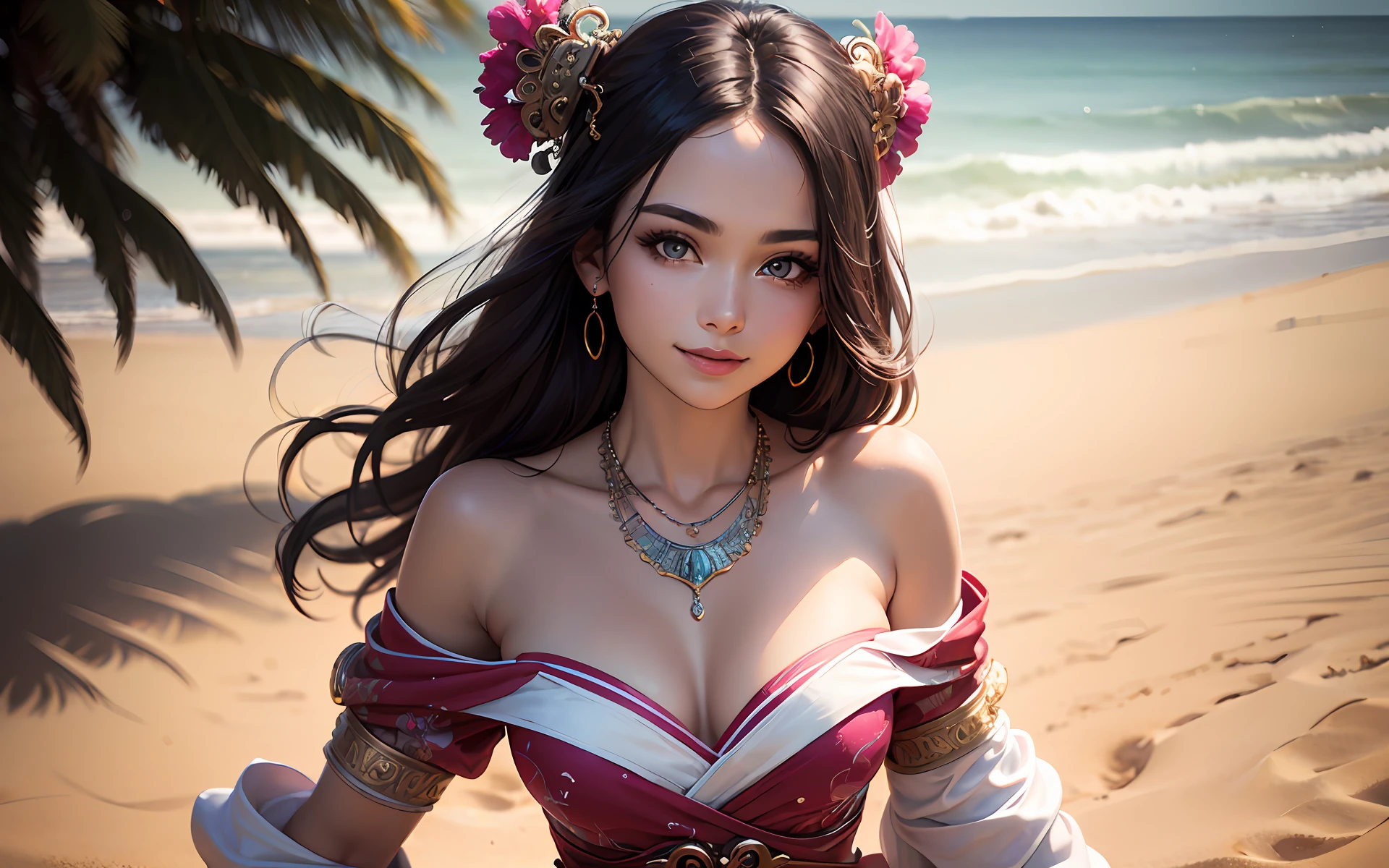 (upper body), (best quality:1.1) ,(photorealistic:1.1), (photography:1.1), (highly detailed:1.1), looking at viewer,armlet, Jade bracelet, eyelashes, happy, medium breasts,beautiful detailed girl, (extremely detailed eyes and face), (lighting on face),necklace,Colorful clothes, [chinese clothes],[off shoulder], (solo:1.2), sandbeach,sand,Standing by the seaside, summer, (beautiful detailed sky),