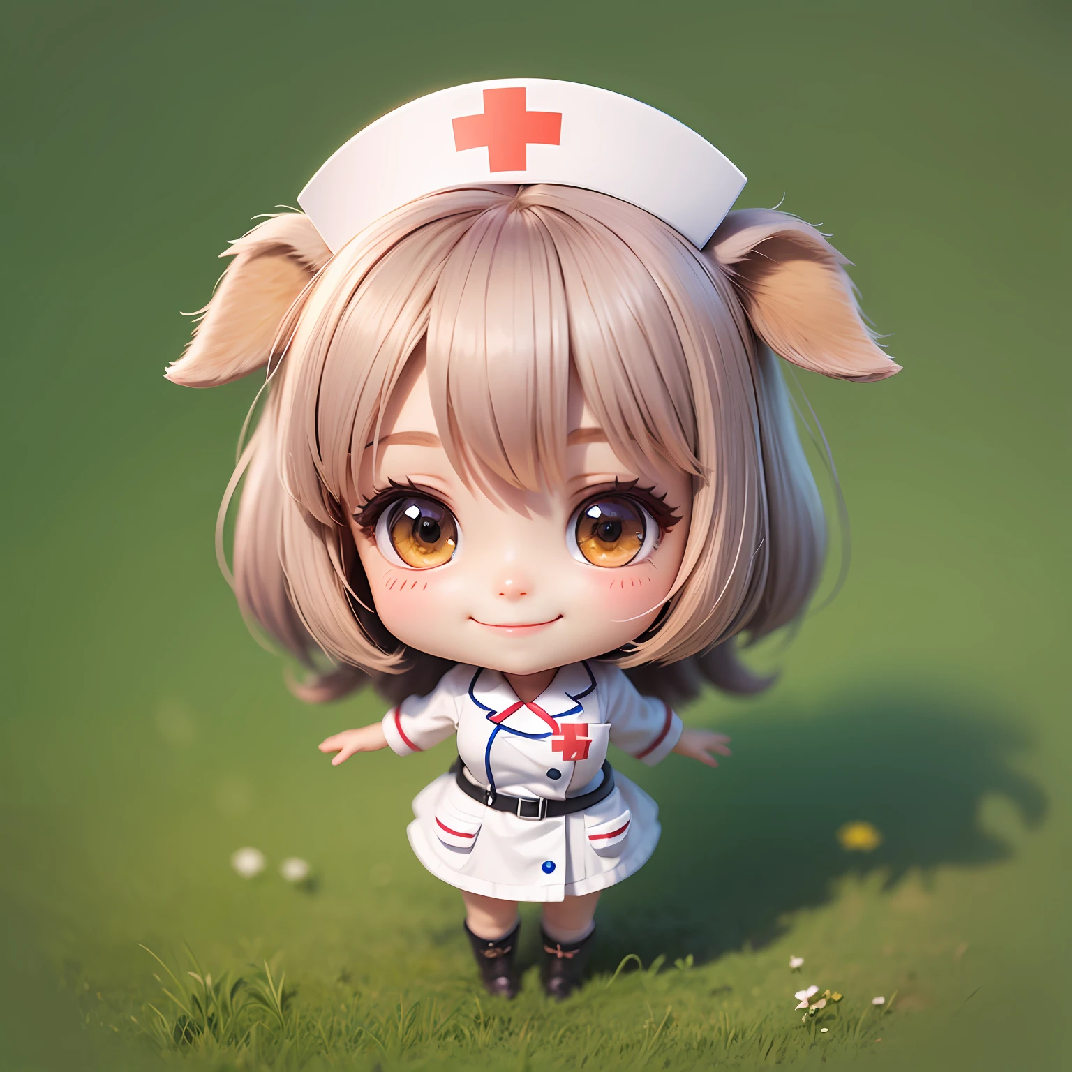 Chibi character, alpaca girl wearing nurse clothes, smile, shot from above, supremely precise