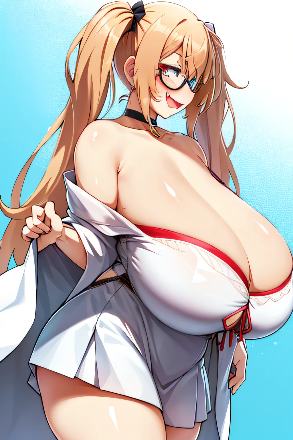 1girl, solo, long hair, glasses, blonde hair, (((giant breasts: 1.3))), large breasts, twin tails, (thighs: 1.2), heavy blush, (thick thighs: 1.3), wide hips, choker, (happy: 1.3), simple background, shiny skin, wet skin, inside, looking at the viewer, ((cleavage)), ((lewd)), best quality, smiling, white dress, open mouth, fang, short skirt, profile,