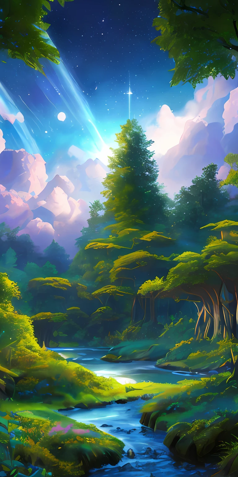 Illustration of a surreal, otherworldly, hyper sky scene including a giant crystal tree full body, highly detailed and magical lighting, intricate forest details, vegetation and surrounding river, solar punk, landscape, giant tree , beautiful green leaves, beautiful lighting and realistic proportions, as if this is a movie background, 8k, highest quality, masterpiece, clouds and stars in the sky.