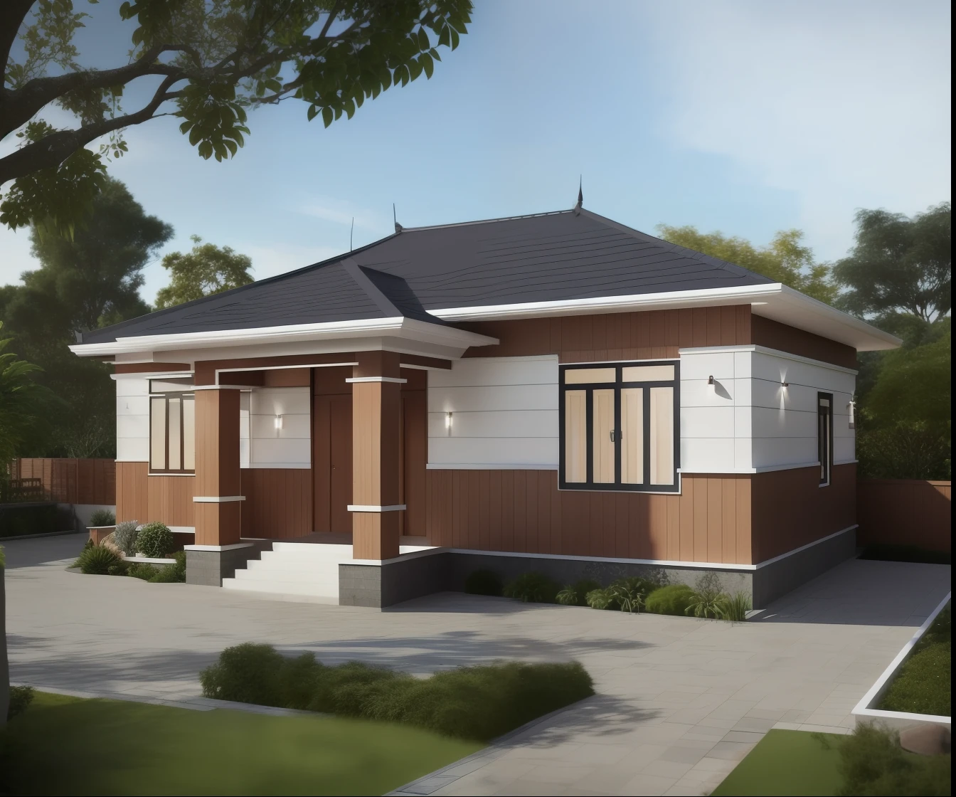 (( ultra realistic)) (( masterpice)) perfect design of house, Vietnam, 1 storey , japan roof, tile yard ,interior light, daylight, ((trees background)),beautiful landscape, wood door , glass window, white wall, 85mm, f1.8, portrait, photo realistic, hyperrealistic, orante, super detailed, intricate, dramatic, high dynamic range