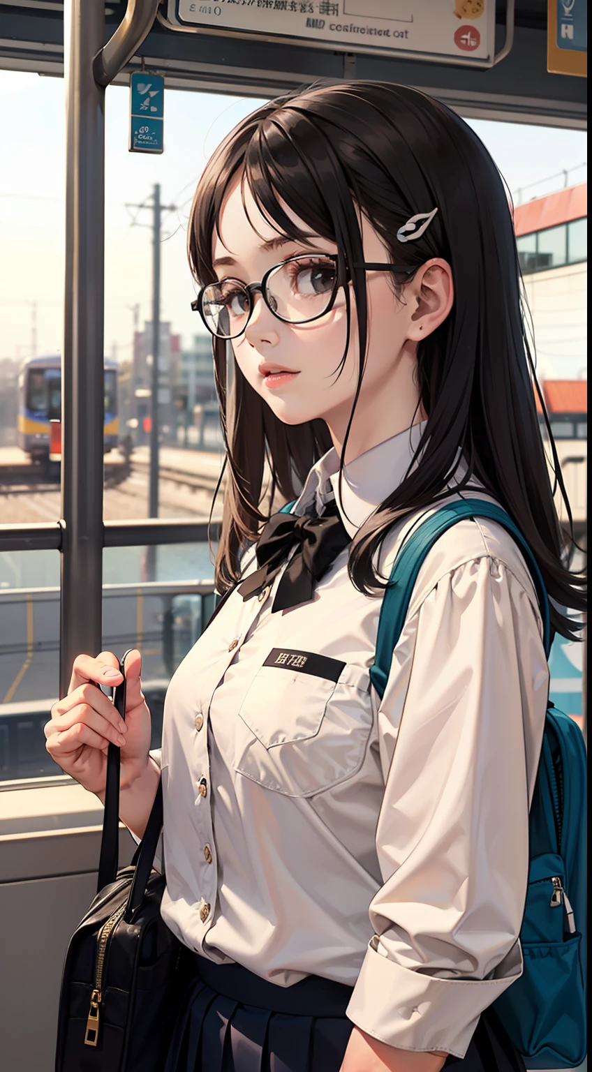 upper body
1girl, student, black hair, black eyes, crossed hairpin, wearing a white school uniform with a black collar, black tie, carrying a schoolbag, wearing glasses,
Tram stop, dusk, (standing on the train platform), the train coming from a distance behind the girl, looking at viewer