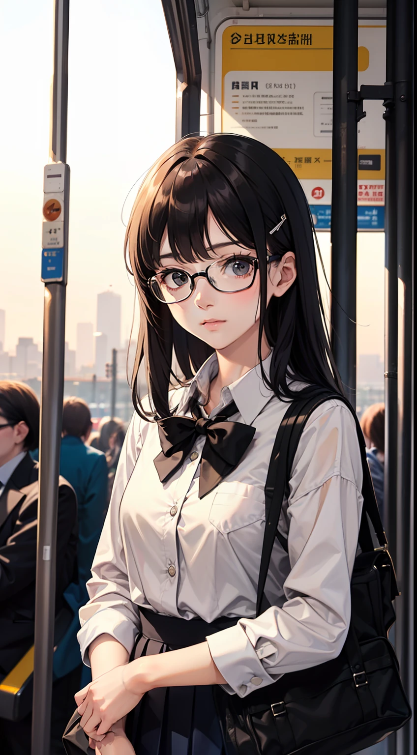 upper body
1girl, student, black hair, black eyes, crossed hairpin, wearing a white school uniform with a black collar, black tie, carrying a schoolbag, wearing glasses,
Tram stop, dusk, (standing on the train platform), the train coming from a distance behind the girl, looking at viewer