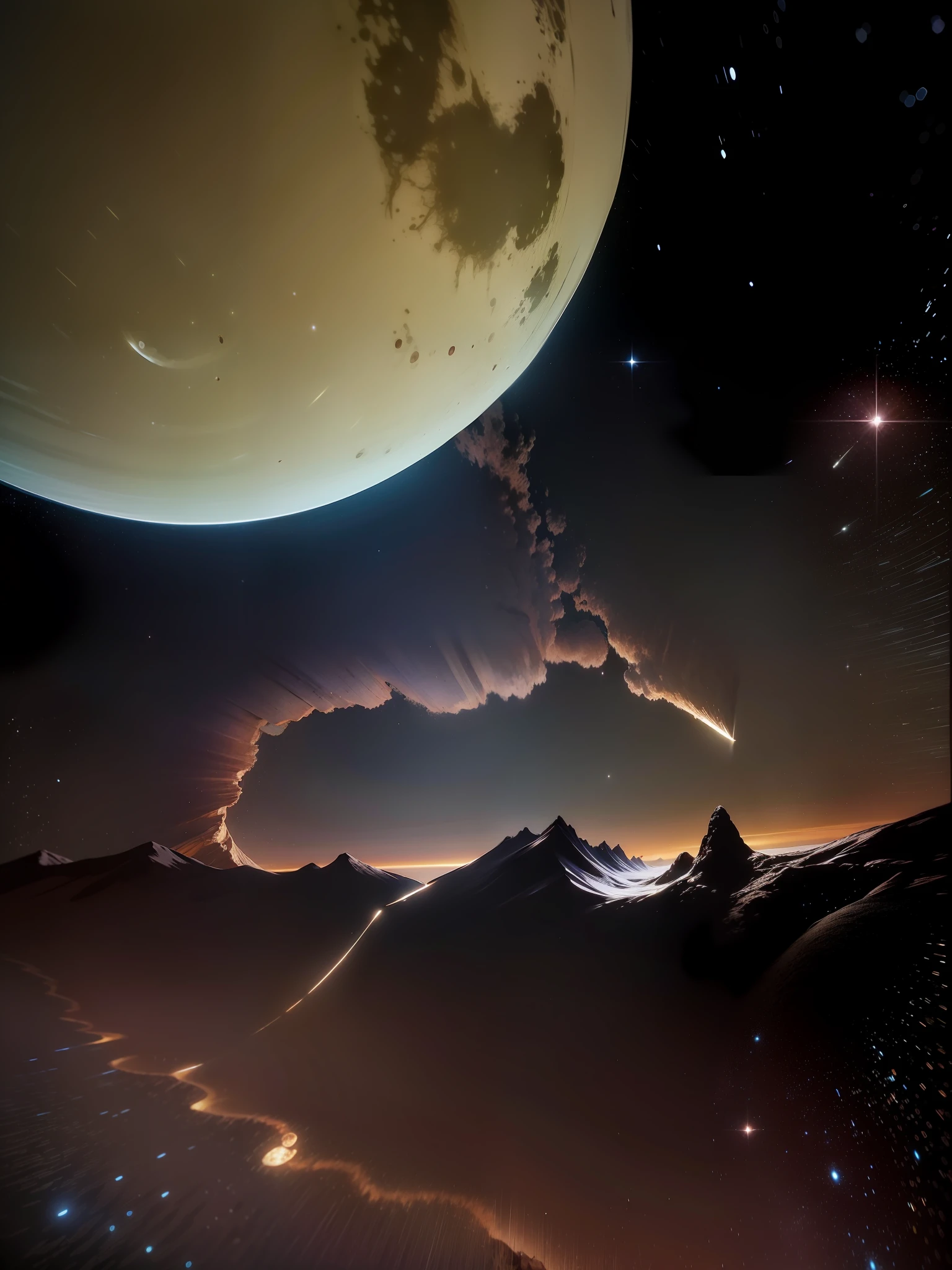 Masterpiece, (ultradadetailed), complex starry sky, landscape, huge moon, nebula full of background, space landscape, rich detail moon, sci-fi, 4k, realistic style, oil painting, epic movie poster