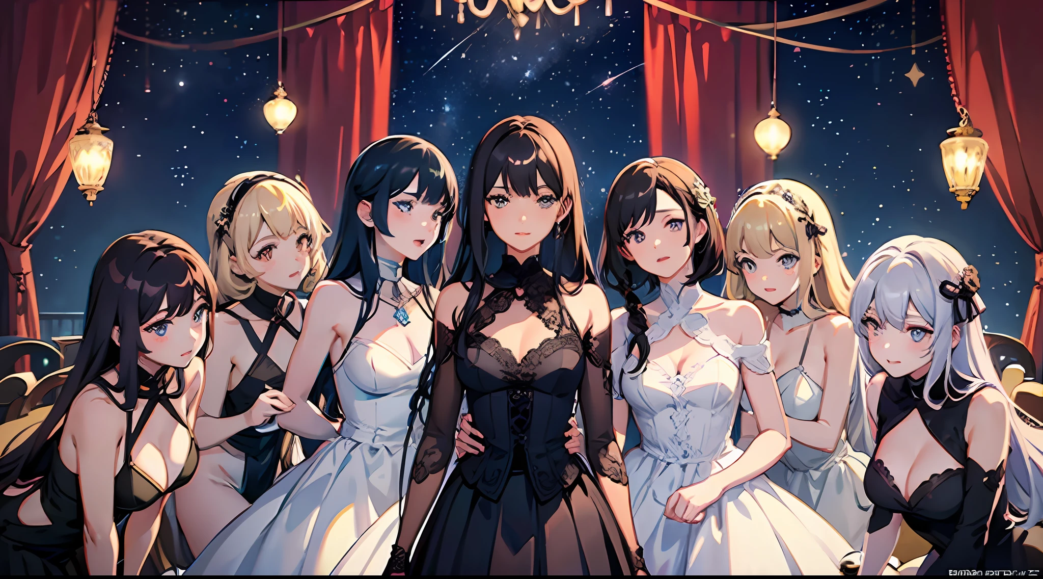 super detailed face, 9 girls, curves, beauty, dress, long skirt, hair, curious, gaze, looking at the audience, in a room, starry sky, curtains, night, lighting, delicate facial features, clear facial expressions, detailed digital animation art, digital animation art, high quality anime art style, best quality, masterpiece
