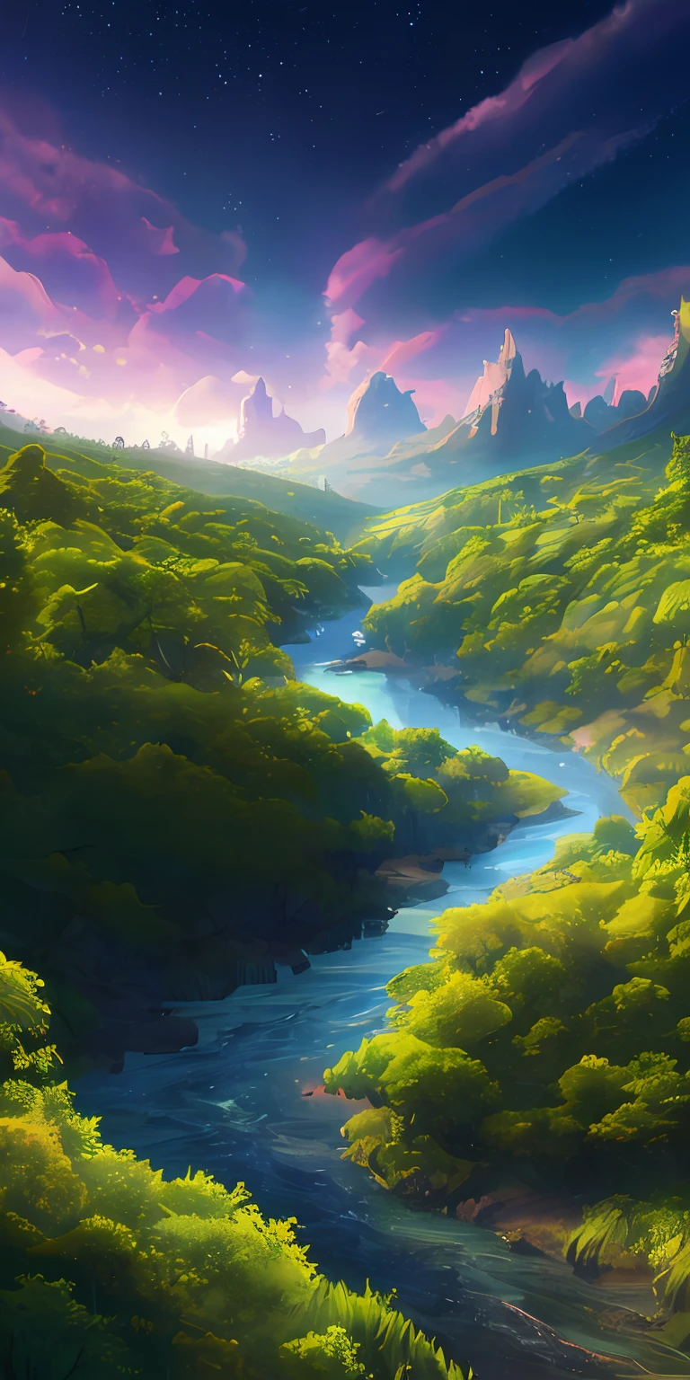 Illustration of a surreal, otherworldly, hyper sky scene including a giant crystal tree full body, highly detailed and magical lighting, intricate forest details, vegetation and surrounding river, solar punk, landscape, giant tree , beautiful green leaves, beautiful lighting and realistic proportions, as if this is a movie background, 8k, highest quality, masterpiece, clouds and stars in the sky.