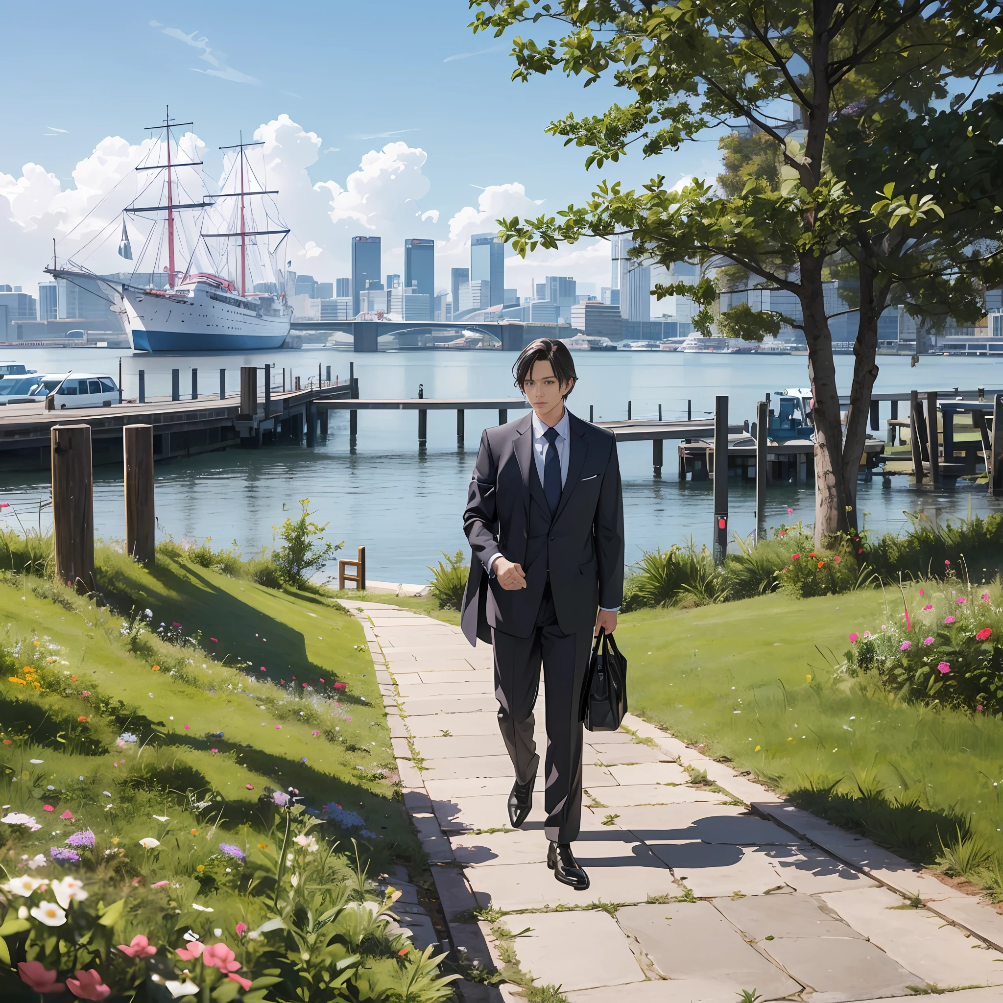 {masterpiece, best quality, extremely detailed CG, unity 8k wallpaper,}}, A park facing Yokohama Port. A tall man in business shoes is walking. The man is handsome and cool like the hero of a masterpiece movie. Short hair, detailed face, fearless face, detailed eyes, fearless eyes, double eyelids, cinematic lighting.