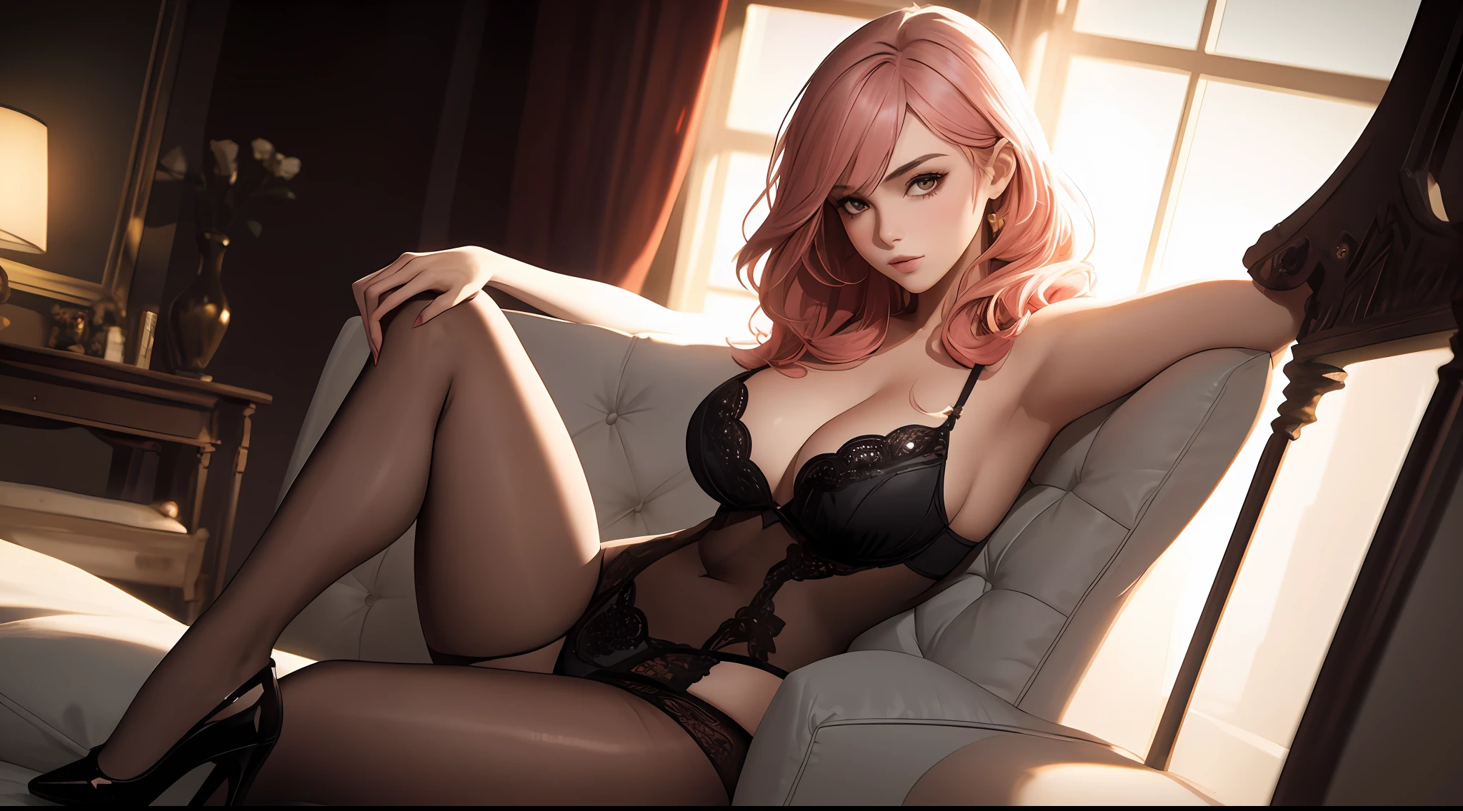 A stunning artwork featuring a 1girl with pink hair, a voluptuous figure, realistic legs, dressed in black lingerie, stockings, and high heels. The art style should be sensual and glamorous, drawing inspiration from artists like (Artists' Names). The camera should capture the subject from a provocative angle, emphasizing her beauty and confidence. The image should be rendered with high attention to detail, using vibrant colors and dramatic lighting to enhance the overall impact."
