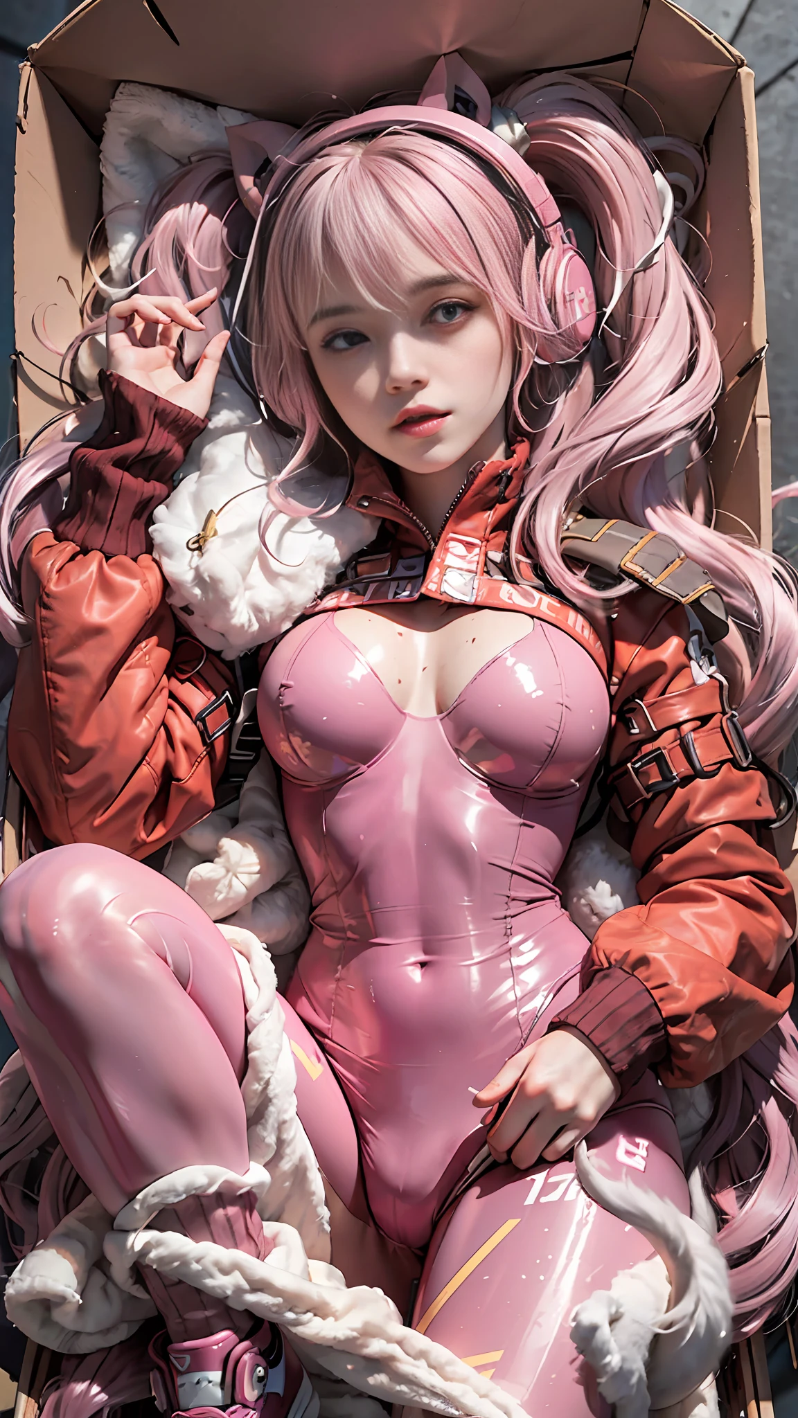 ( pink hair, girl in pink tights body curled up in box: 1.5), (girl in box: 1.5), (top view: 1.3), (knee up), leg flexion, full body, (long leg: 1.3), (best quality), realistic, cinematic light, cool pose, perfect figure, bangs, tights, navel coverage, (chest skin coverage: 1.5), cropped jacket, gloves, headphones, impossible tights, jacket, long hair, long sleeves, medium breasts, parted lips, Fluffy sleeves, red jacket, shrugged\(clothes\), skinny skin, solo, double tail, alice \ (Japan mail), (masterpiece: 1.4), (shiny skin),