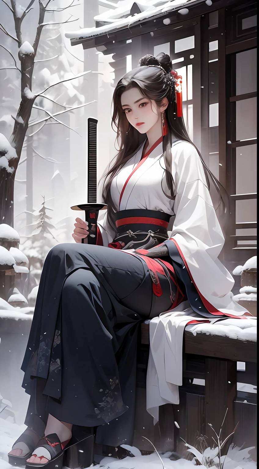 (8K, Best Quality, Masterpiece: 1.2), (Realistic, Realistic: 1.37), Full body, Super detailed, 1 ancient Chinese woman, blue Hanfu, beautiful facial features, sitting, a long sword on his feet, snowy scene, pine tree, crow, detailed detail, bright color, dark light photo