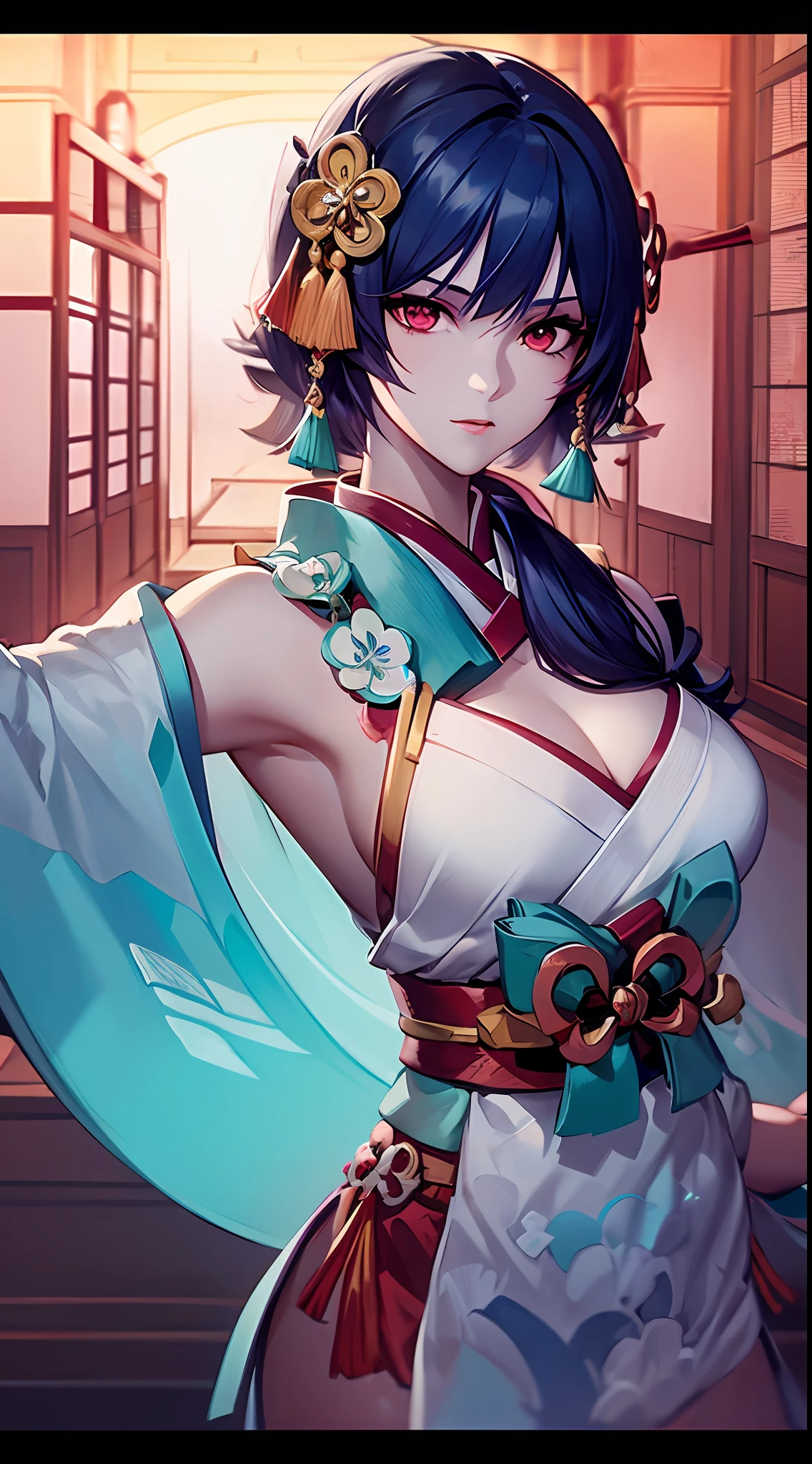 1 girl, onmyoji, in a temple, best quality, ((dancing)), ultra beautiful, glitering, dust in the air, dreammy, ((ultra realistic)), slightly opened eyes