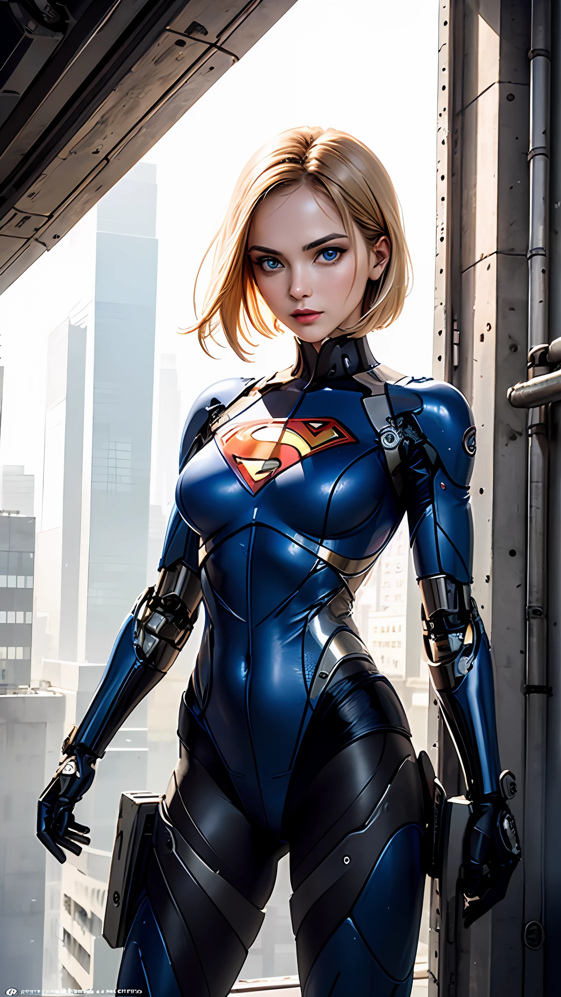 One-sided layered cut Bob, (Blonde hair: 1.3), ((Transparent blue eyes (purple)), ((Beautiful, detailed eyes, Jewel-like eyes, Bright blue eyes: 1.3)) , The female body incorporates mechanical components such as gears with supernan S on the chest, wires and circuits that merge with the female's natural shape to create a visually captivating and futuristic aesthetic. The mechanical elements emphasize precision and functionality, with interlocking gears and gears that work harmoniously with the feminine physique. Female faces can have cybernetic enhancements, such as glowing eyes, neural implants, and metallic facial features that symbolize the fusion of man and machine. This work of art embodies both the strength of a woman and the grace of the human spirit. Lighting and shadows play an important role, increasing the contrast between organic and mechanical elements and adding depth to the composition. It emphasizes the mechanical nature of the artwork. Background details can include futuristic cityscapes, industrial landscapes, or abstract patterns to further enhance the futuristic feel. Overall, the work captures the essence of a woman embracing the integration of machines, celebrating the possibilities and complexities of a future where humans and technology coexist, wearing Superman's S symbol on her chest.