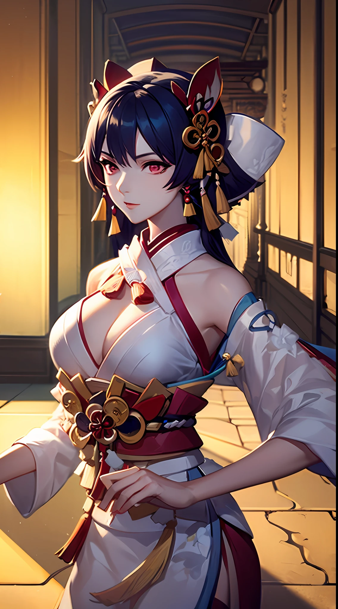 1 girl, onmyoji, in a temple, best quality, ((dancing)), ultra beautiful, glitering, dust in the air, dreammy, ((ultra realistic)), slightly opened eyes