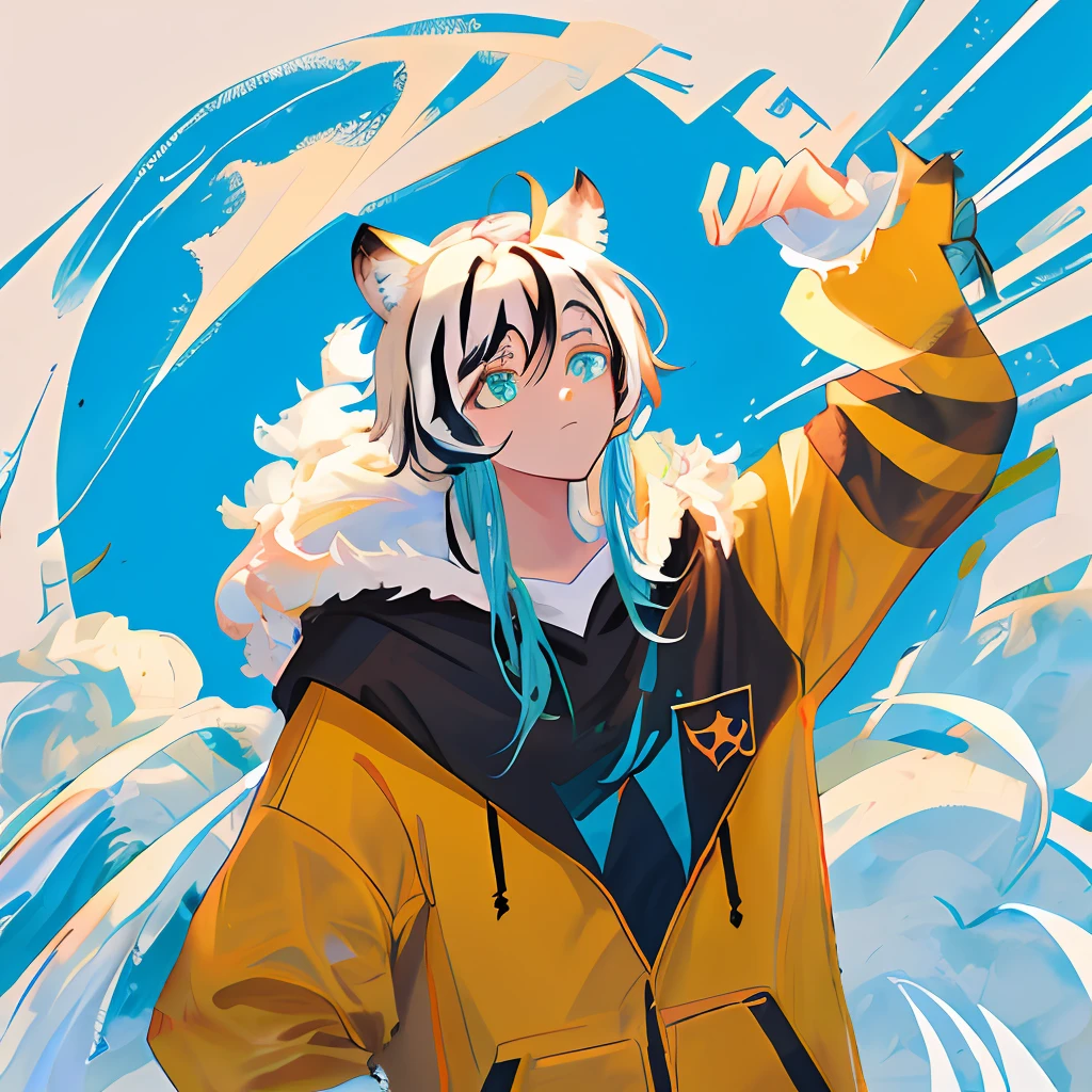 masterpiece, best quality, nj5fur,furry male, 1 boy, furry, male focus, solo, animal ears, formal, cat ears, tiger boy, serious,
Black fur, blue stripes, yellow fur, two-tone fur, green eyes, white shirt, black hoodie, thick eyebrows, tail, blue ears,
((whole body,))