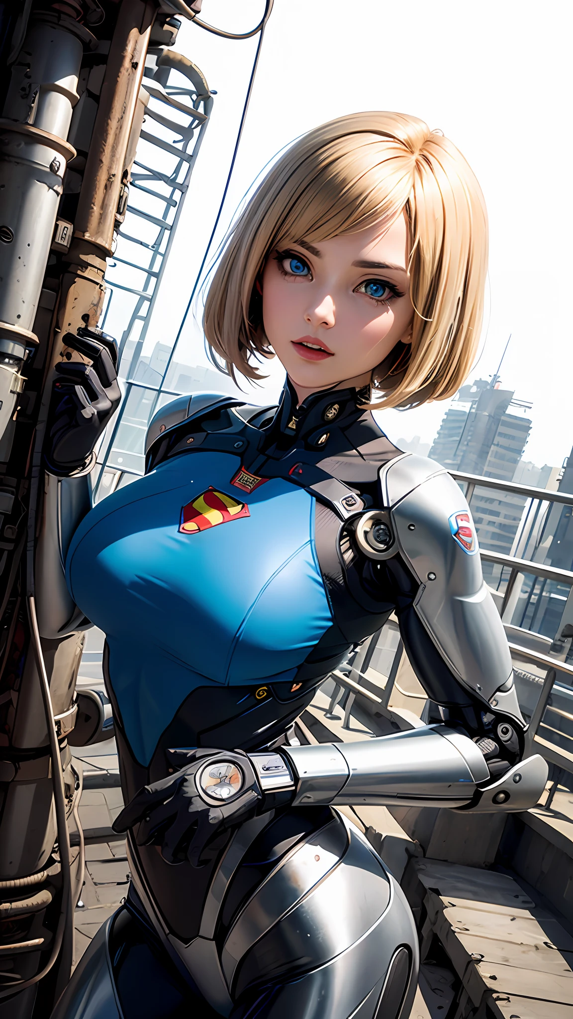 One-sided layered cut Bob, (Blonde hair: 1.3), ((Transparent blue eyes (purple)), ((Beautiful, detailed eyes, Jewel-like eyes, Bright blue eyes: 1.3)) , The female body incorporates mechanical components such as gears with supernan S on the chest, wires and circuits that merge with the female's natural shape to create a visually captivating and futuristic aesthetic. The mechanical elements emphasize precision and functionality, with interlocking gears and gears that work harmoniously with the feminine physique. Female faces can have cybernetic enhancements, such as glowing eyes, neural implants, and metallic facial features that symbolize the fusion of man and machine. This work of art embodies both the strength of a woman and the grace of the human spirit. Lighting and shadows play an important role, increasing the contrast between organic and mechanical elements and adding depth to the composition. It emphasizes the mechanical nature of the artwork. Background details can include futuristic cityscapes, industrial landscapes, or abstract patterns to further enhance the futuristic feel. Overall, the work captures the essence of a woman embracing the integration of machines, celebrating the possibilities and complexities of a future where humans and technology coexist, wearing Superman's S symbol on her chest.