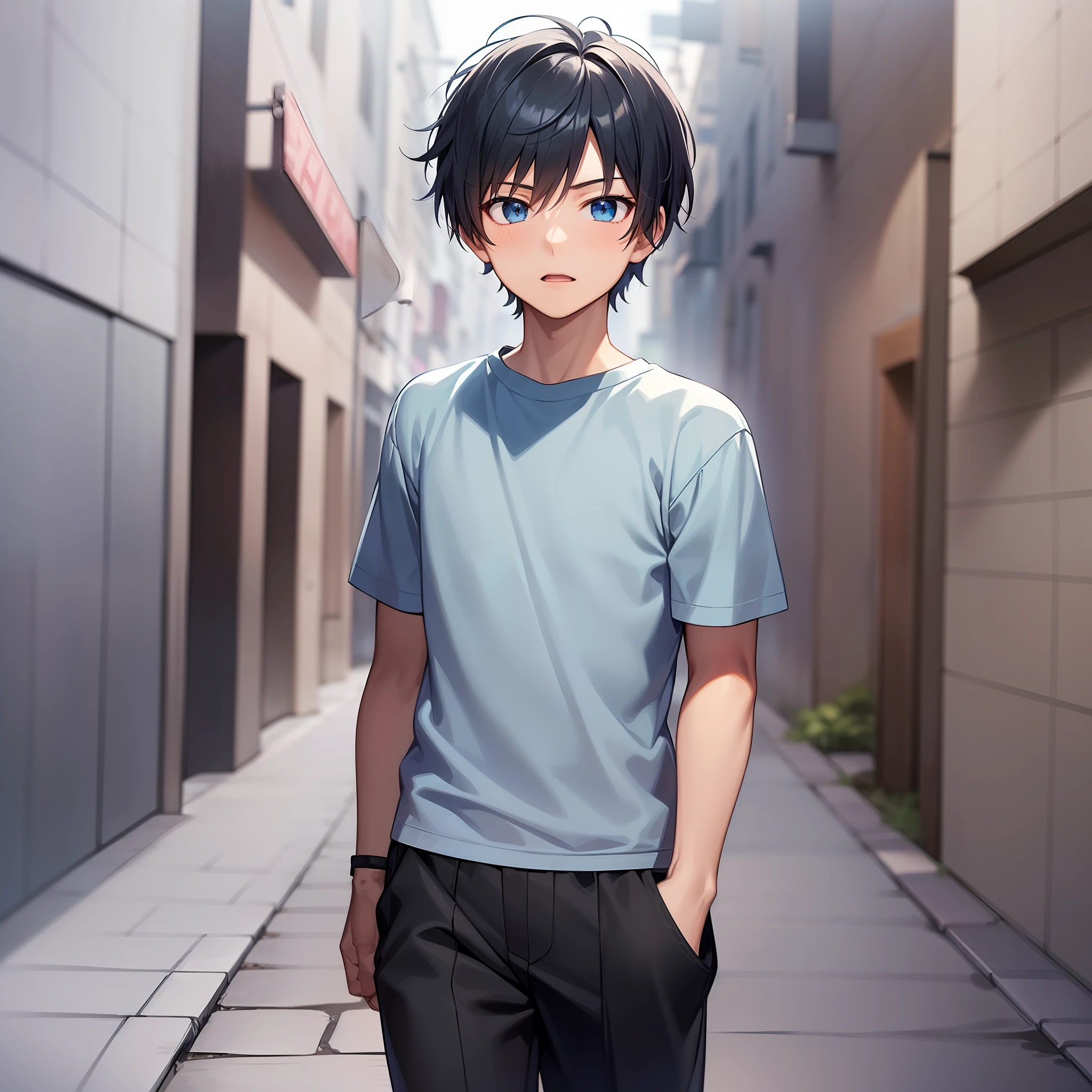 (solo,1 young boy) ((1boy,anime young boy in blue shirt and black short pants walking down a street)), anime boy with white curtain hairstyle, potrait,face to face