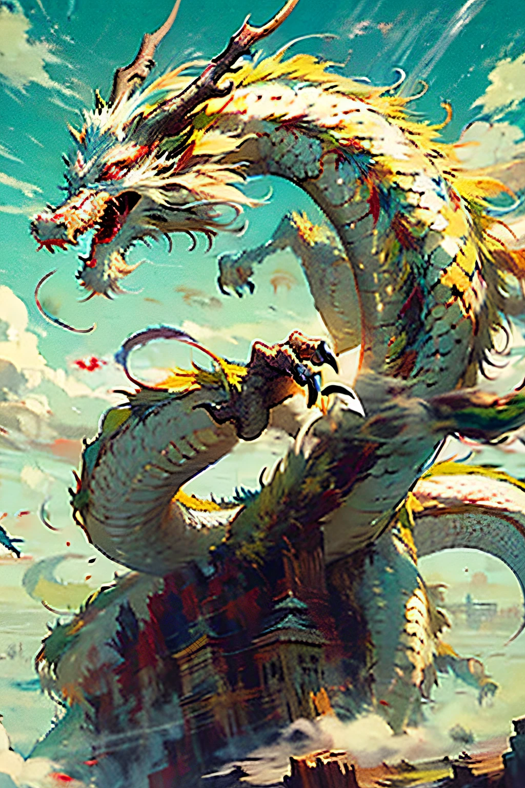 Best quality, masterpiece, ultra high res, naked non-humans, (long: 1.2), sky, red eyes, cloud, scales, dark oriental dragon, open mouth, sharp teeth, flying, horns, teeth, day, claws, fangs, blue sky