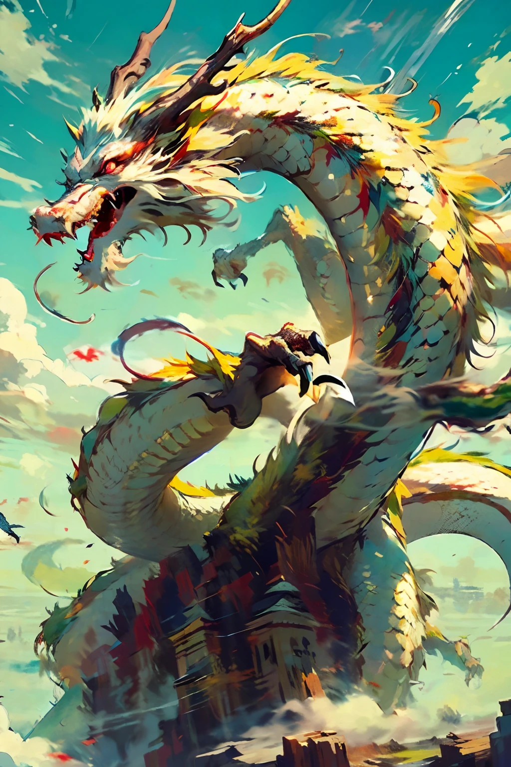 Best quality, masterpiece, ultra high res, naked non-humans, (long: 1.2), sky, red eyes, cloud, scales, dark oriental dragon, open mouth, sharp teeth, flying, horns, teeth, day, claws, fangs, blue sky