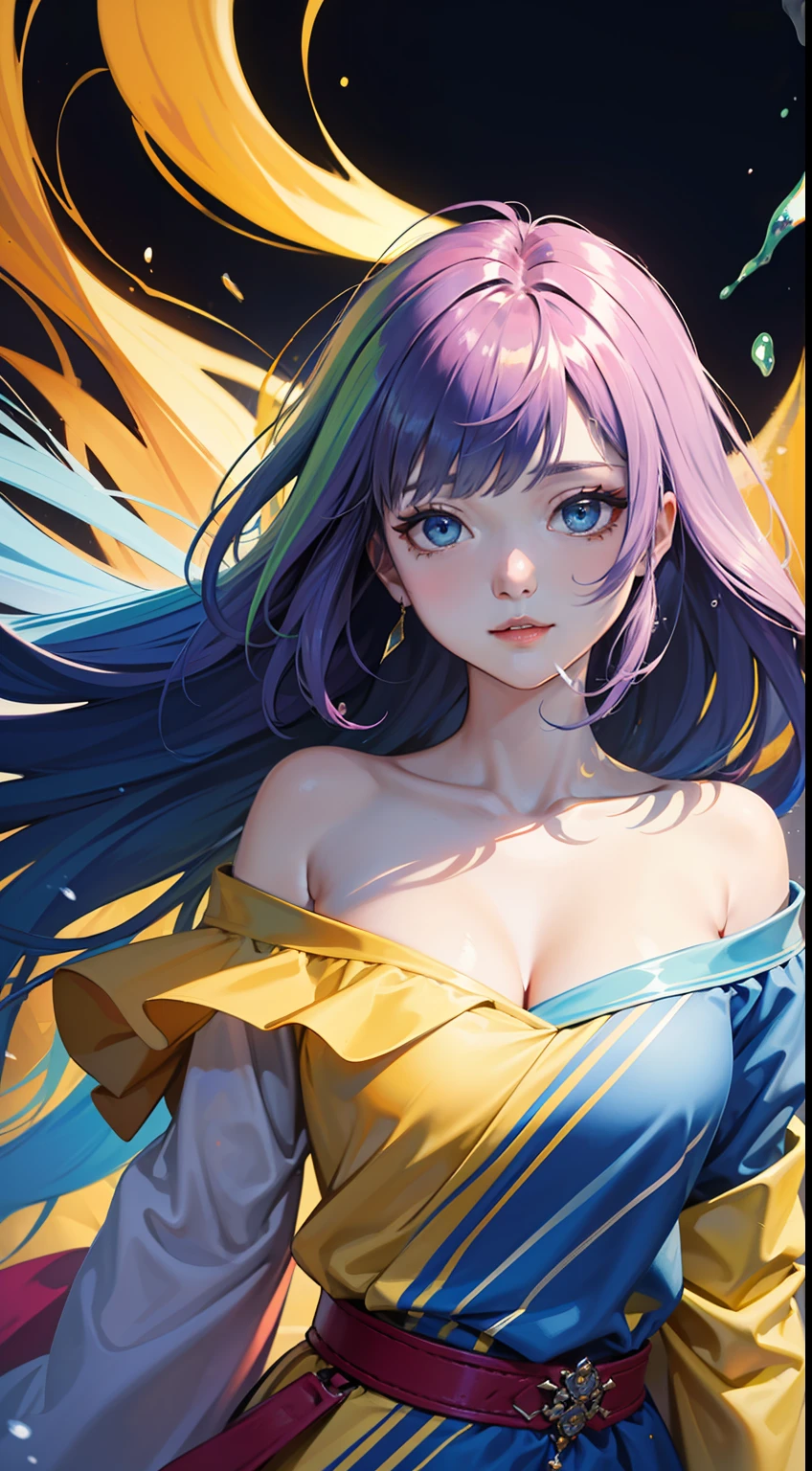 (Colorful Hair: 1.8), (Rainbow Color Explosion: 2.8), Color Art, (solo: 1.9) (All Colors of Rainbow: 2.8), (Rainbow Ink: 2.6), (Rainbow Ink Splash: 2.6), (Upper Body: 2), White Off Shoulder Shirt, Sexy, (close-up: 1.8), Looking at the audience, with watery eyes, (Rainbow Hair: 1.6), Color Splash, Solo, (Color Splash: 1.8) (Color explosion: 2.1), messy lines, beauty and aesthetics, (Datura: 1.6), ((sparkling)), (colorful), (color), the most beautiful chaotic form, elegance, fauvism design, vivid colors, romanticism, atmosphere, ecstasy of notes, (fractal art: 1.8), (colorful), color, (splash) (splash), vertical painting, upper body, paint splash, Acrylic paint, gradient, paint, highest image quality, highest quality, masterpiece, solo, depth of field, facial painting, colorful clothes, (elegant: 1.2), gorgeous, long hair, wind, (elegant: 1.3), (fauvism: 1.4), ((masterpiece)), (best quality), (super detail), (illustration), (dynamic angle), (floating), (painting), (colored hair), (striped hair), Beautiful and delicate eyes, (gradient eyes), (colored eyes), (colored background),
多彩style-paintmagic 美女现实ulzzang-6500-v1.1 魔幻style-sylvamagic