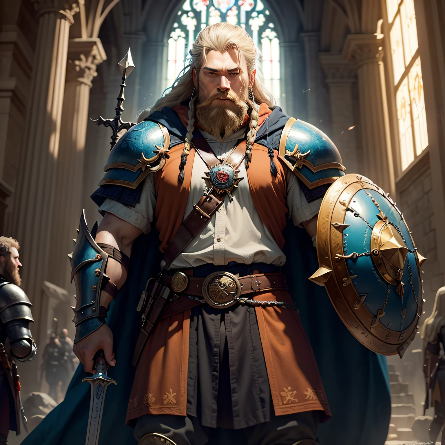 portrait of a male, dwarf, paladin, with a long, braided blond hair, blond braided beard, fantasy art, Masterpiece, best quality) blue eyes, armed in the right hand with a yellow, radiant sword, with dwarven runes on it,fantasy art, Masterpiece, best quality) holding a shield in the left hand, wearing heavy black armor with spikes, wearing orange cloak with sun sigils, with a cathedral background at dawn (fantasy art, Masterpiece, best quality)