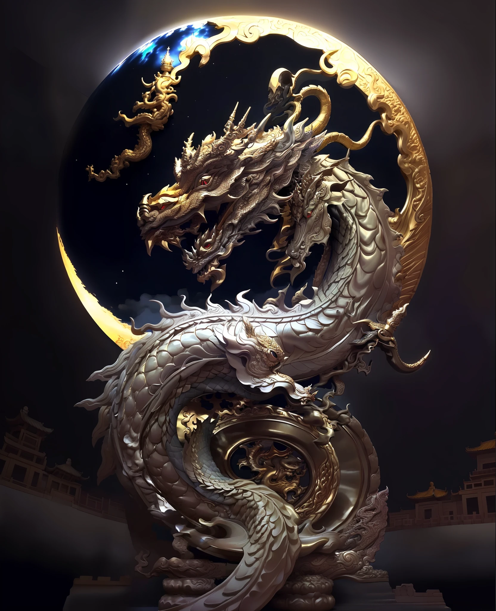 a close up of a dragon statue with a full moon in the background, smooth chinese dragon, chinese dragon concept art, dragon art, loong, chinese dragon, majestic japanese dragon, dragon, a dragon, dragon centered, oil painting of dragon, god of dragons, lung dragon, golden dragon, chinese fantasy, by Yang J, dragon snake with wings