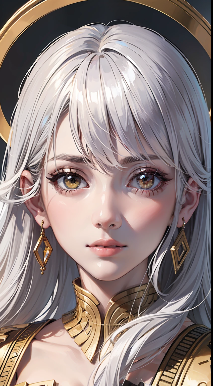 a girl ，detailed skin texture, detailed cloth texture, beautifully detailed face, masterpiece, best quality, ultra detailed, 8k,masterpiece, best quality, ultra-detailed, illustration, close-up, straight on, face focus, white hair, golden eyes, long hair, halo, serene expression, looking at viewer,two girls,close togather