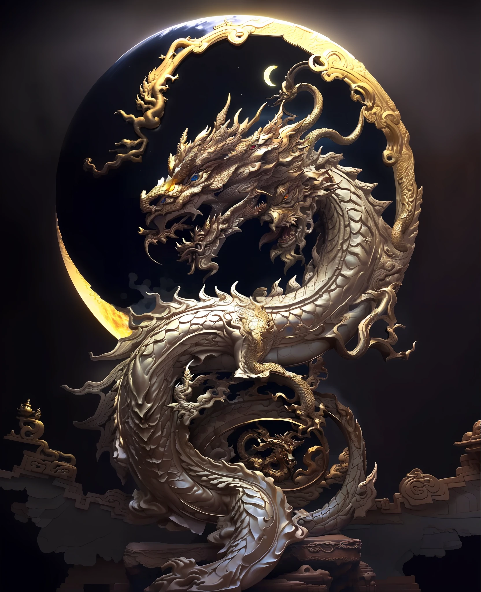 a close up of a dragon statue with a full moon in the background, smooth chinese dragon, chinese dragon concept art, dragon art, loong, chinese dragon, majestic japanese dragon, dragon, a dragon, dragon centered, oil painting of dragon, god of dragons, lung dragon, golden dragon, chinese fantasy, by Yang J, dragon snake with wings