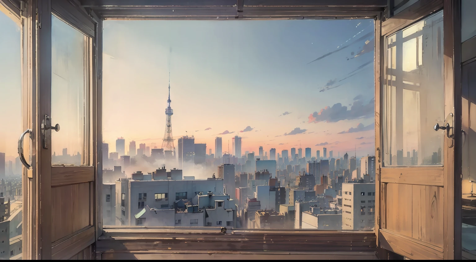 masterpiece, top quality, very delicate and beautiful, ultra definition, highest quality, high resolution, very elaborate, highest quality, illustration, impasto, realism, realistic, high school girl room, view of the city of tokyo from the window