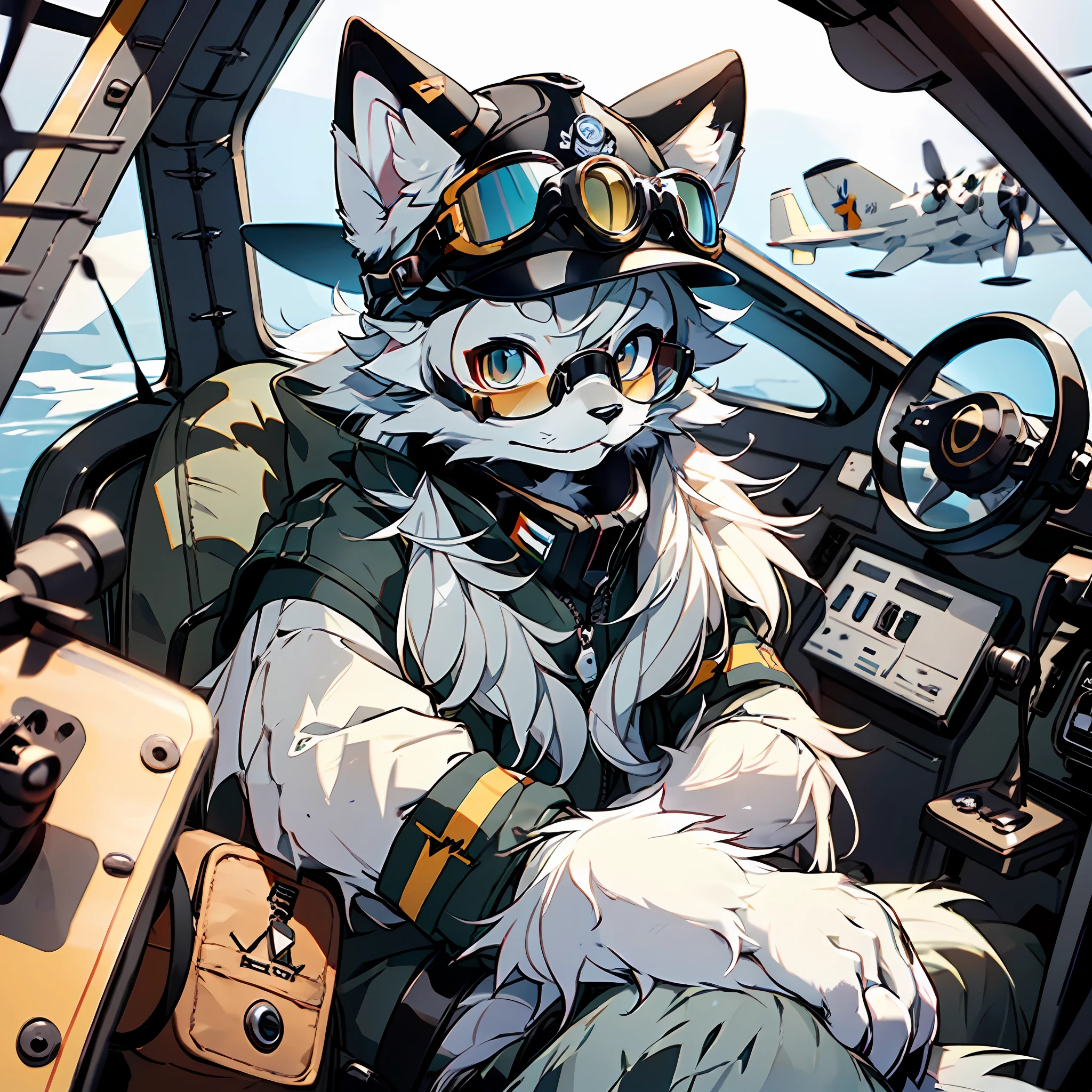 high detail, hyper quality, high resolution, 1080P, solo, furry, (male arctic fox: 1.5), (gray fur: 1.3), gray skin, gray ears, golden eyes, sharp claws, (fluffy tail: 1.2), (wearing a World War II pilot's uniform)), ((wearing a World War II pilot hat)), ((wearing goggles)), (( Sitting in the cockpit of a propeller aircraft)), ((flying a propeller plane in the sky)), detailed background