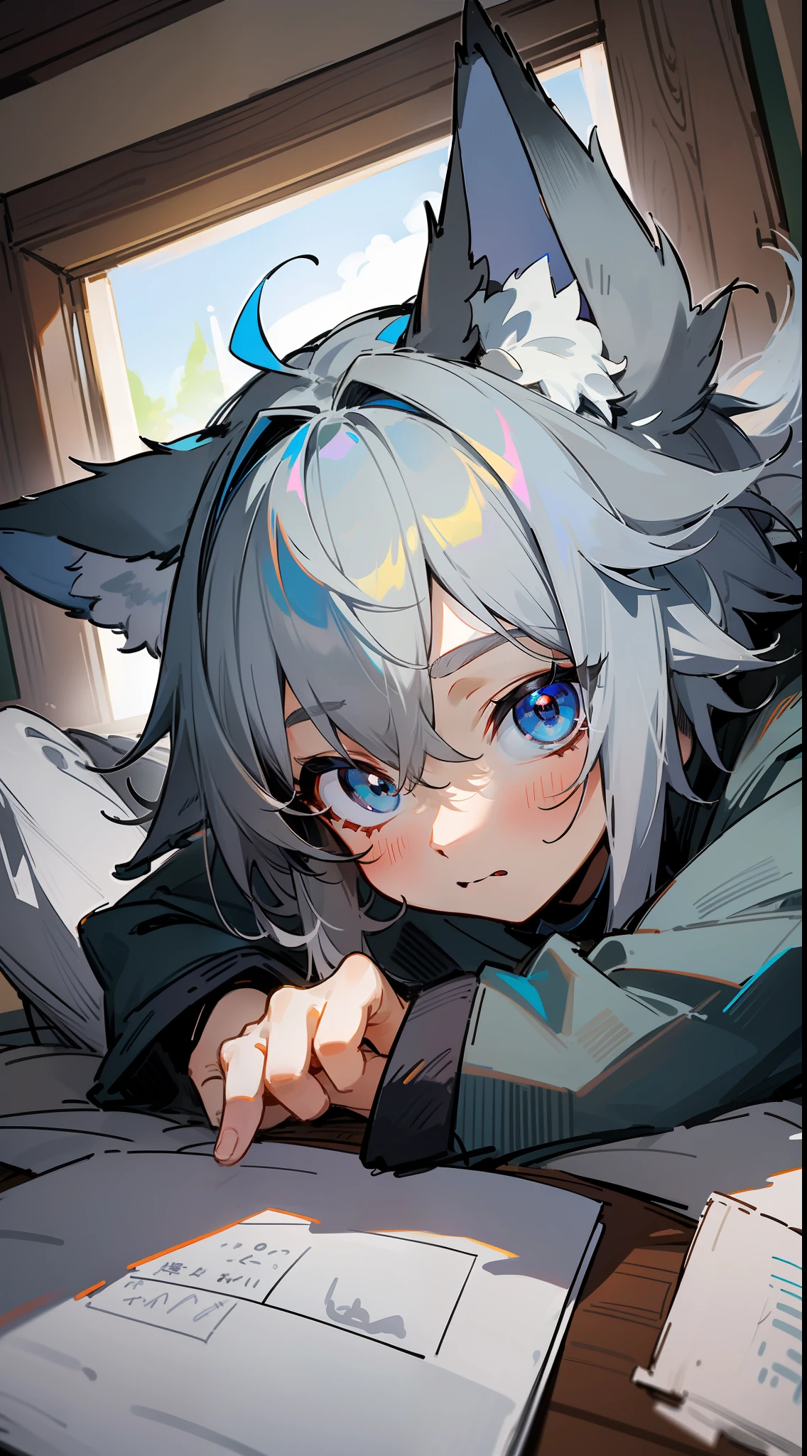(1boy), (Shota), (HD quality, masterpiece level), cute characters, dark gray hair, blue eyes, (wolf ears), (wolf tail), one tail, (no ears), (litt), (ears covered), (hair covered ears), a pinch of blue bangs, full body diagram