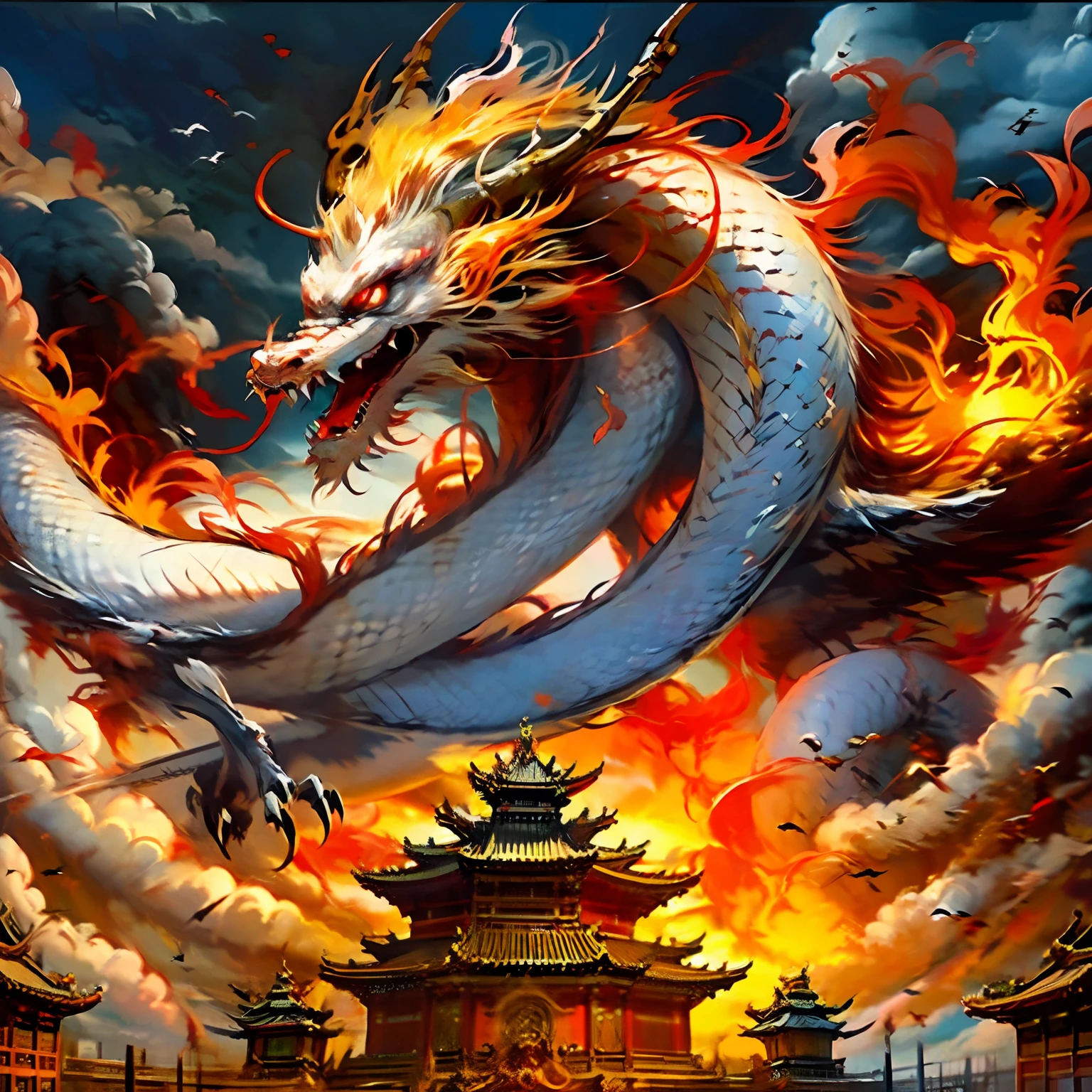 Best quality,masterpiece,ultra high res,nu no humans, (long:1.2),no humans, cloud, architecture, east asian architecture, red eyes, horns, open mouth, sky, fangs, eastern dragon, cloudy sky, teeth, flying, fire, bird, wings