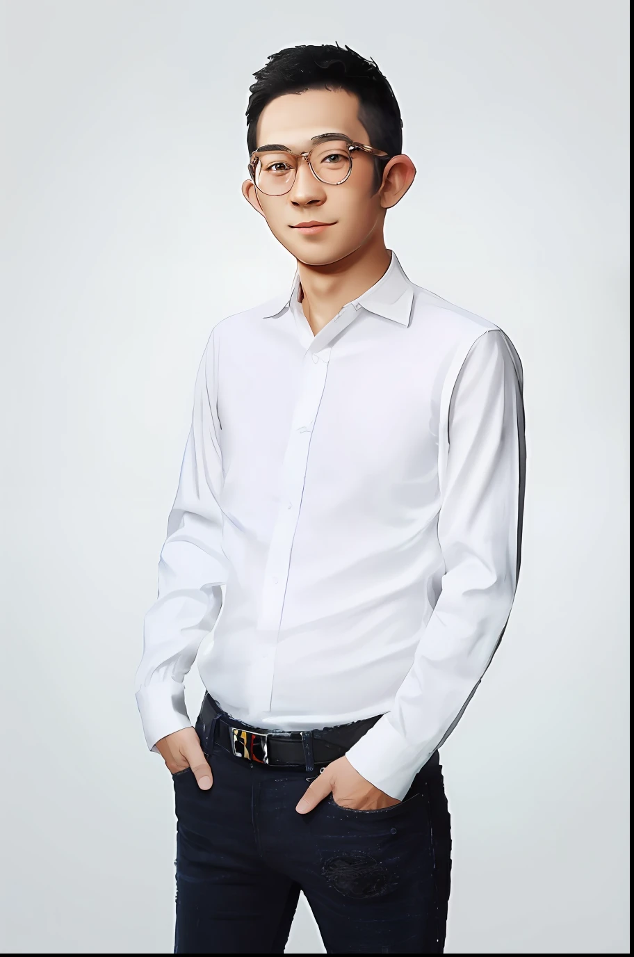 Asian male, cartoon character, wearing glasses, eyes looking into the camera, slightly smiling, ((best quality)), thick coated