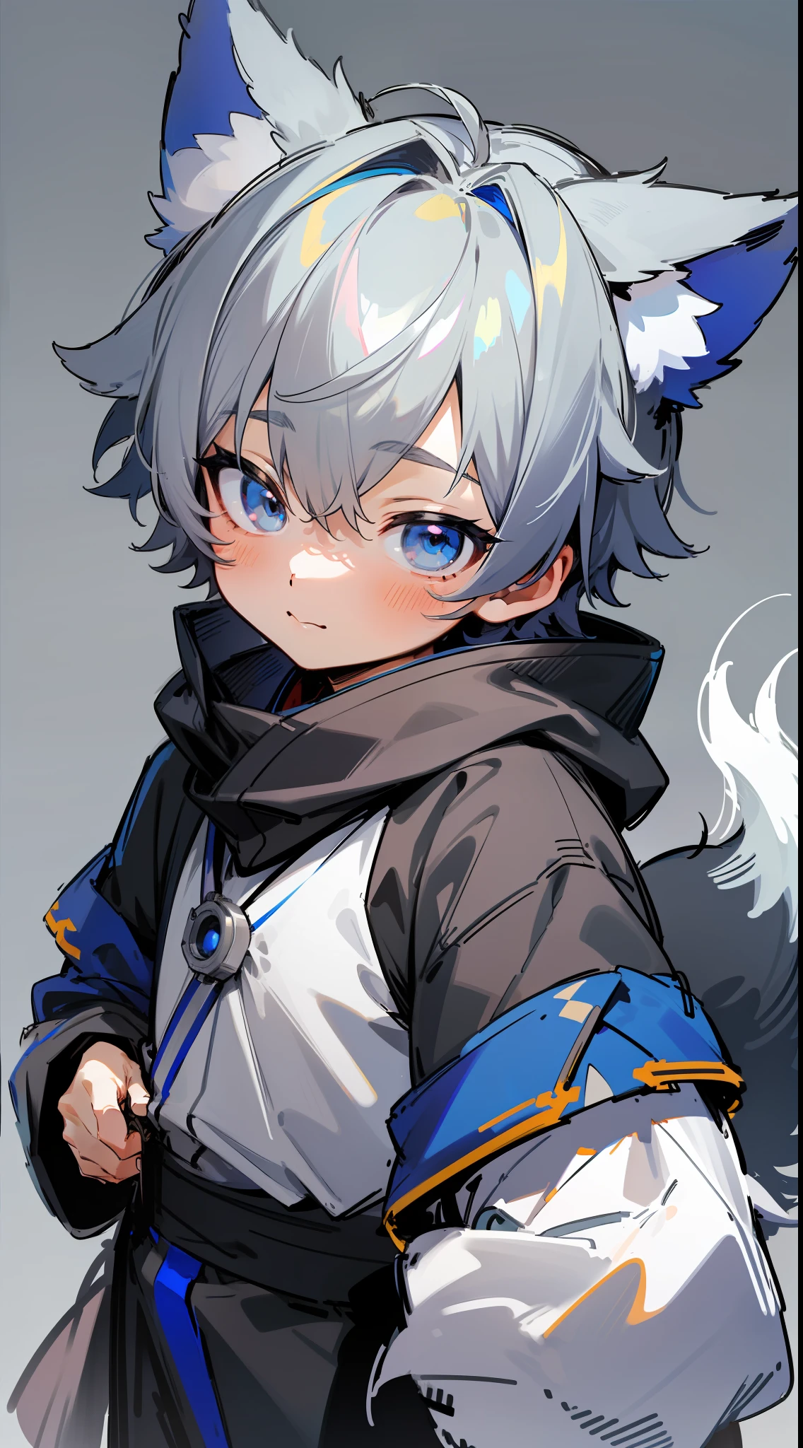 (1boy), (Shota), (HD quality, masterpiece level), cute teen characters, dark gray hair, blue eyes, (wolf ears), (wolf tail), one tail, (no ears), (little boy), (ears covered), (hair covered ears), a pinch of blue bangs, full body diagram, chubby face,