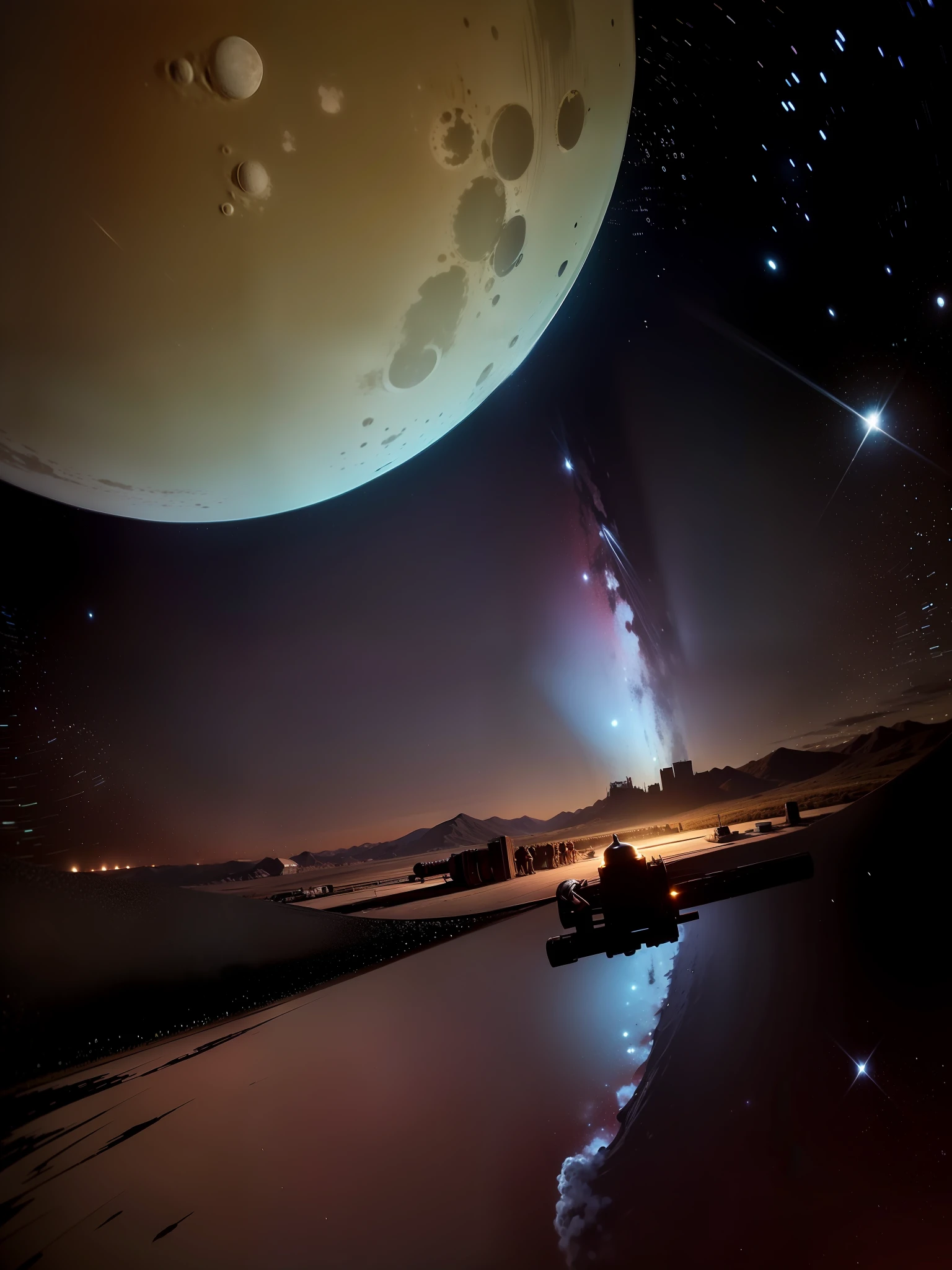 Masterpiece, (ultradadetailed), complex starry sky, landscape, huge moon, nebula full of background, space landscape, rich detail moon, sci-fi, 4k, realistic style, oil painting, epic movie poster