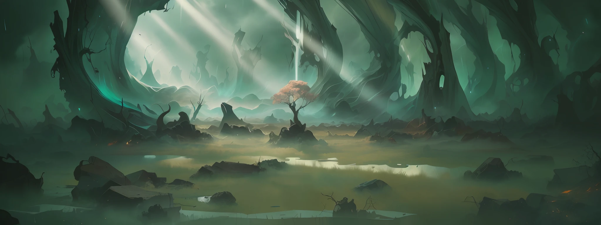 Horror scene, the bottom is a plain, the horror in the painting passes through the bloody sky covered with clouds, golden sunlight passes through the clouds, light shoots from the center, thunder and lightning