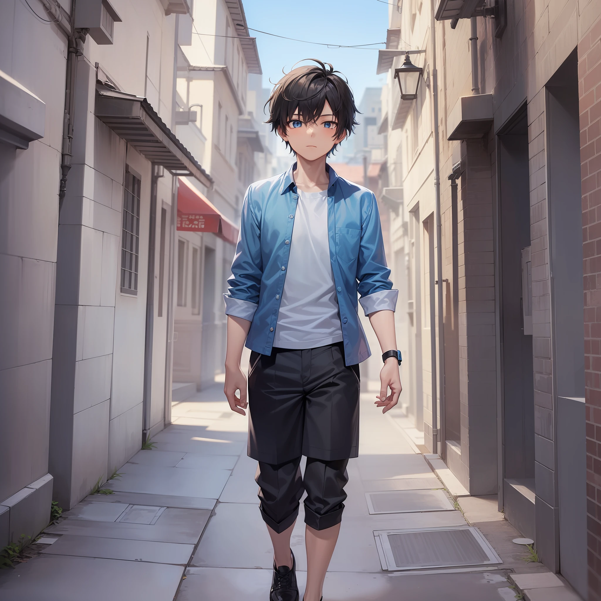 (solo,1 young boy) ((1boy,anime young boy in blue shirt and black short pants walking down a street)), anime boy with white curtain hairstyle, potrait,face to face