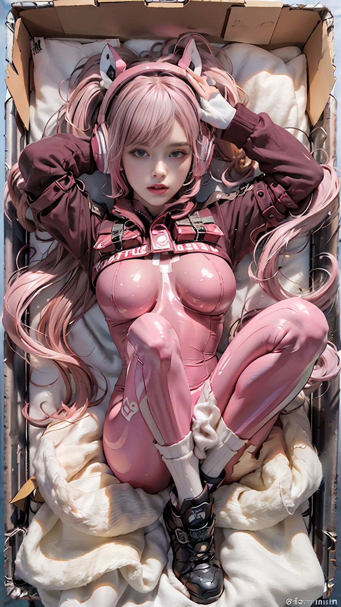 ( pink hair, girl in pink tights body curled up in box: 1.5), (girl in box: 1.5), (top view: 1.3), (knee up), leg flexion, full body, (long leg: 1.3), (best quality), realistic, cinematic light, cool pose, perfect figure, bangs, tights, navel coverage, (chest skin coverage: 1.5), cropped jacket, gloves, headphones, impossible tights, jacket, long hair, long sleeves, medium breasts, parted lips, Fluffy sleeves, red jacket, shrugged\(clothes\), skinny skin, solo, double tail, alice \ (Japan mail), (masterpiece: 1.4), (shiny skin),