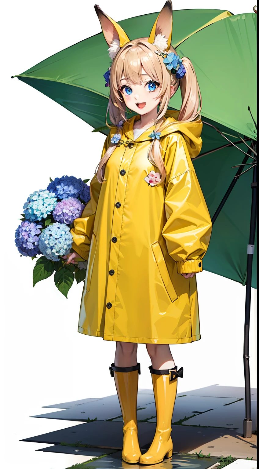 1girl, rainbow, raincoat, yellow raincoat, rubber boots, hydrangea, flower, long hair, twintails, boots, blush, open mouth, hair ornament, white background, hood, solo, teruterubouzu, very long hair, hood up, long sleeves, low twintails, bow, bangs, smile, animal hood, blue eyes, rabbit, puddle, full body, :d, snail, yellow footwear, simple background, pink flower, standing, food-themed hair ornament, hair bow, animal ears, blonde hair, hair flower, rain, animal
